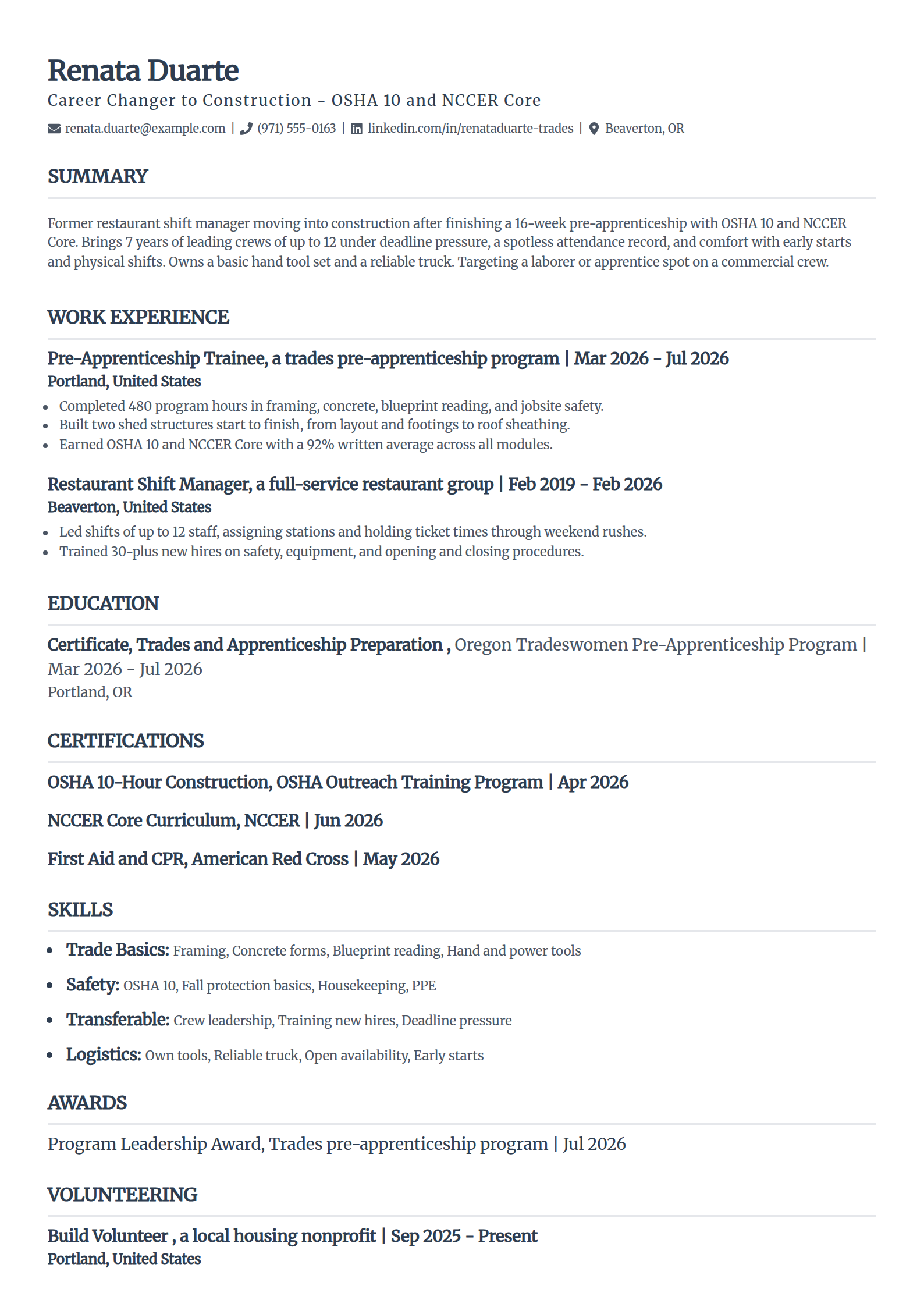 Career changer to construction resume example in the Classic template