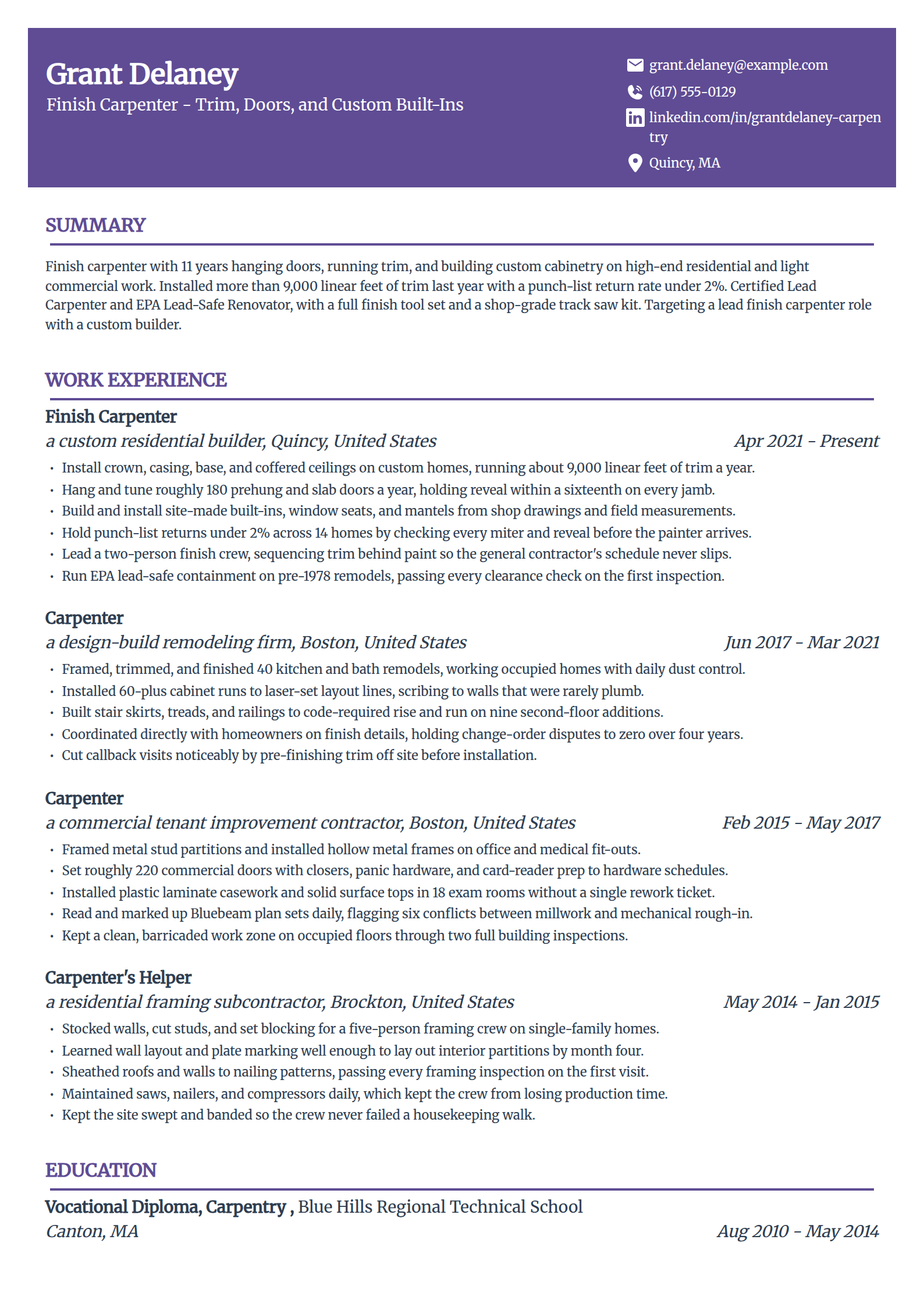 Finish carpenter resume example in the Panorama template