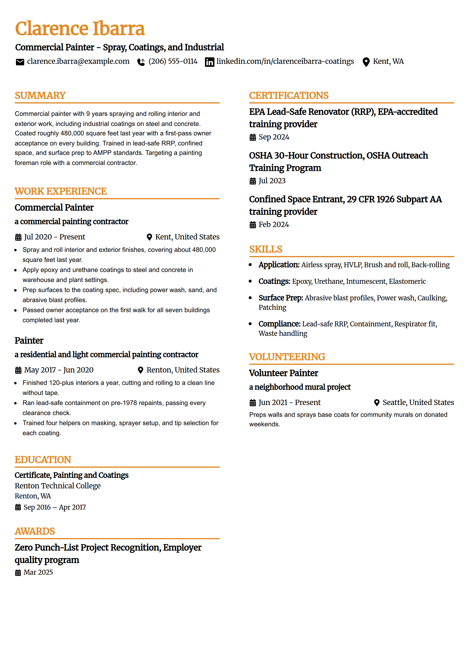 Commercial painter resume example in the Professional Edge template