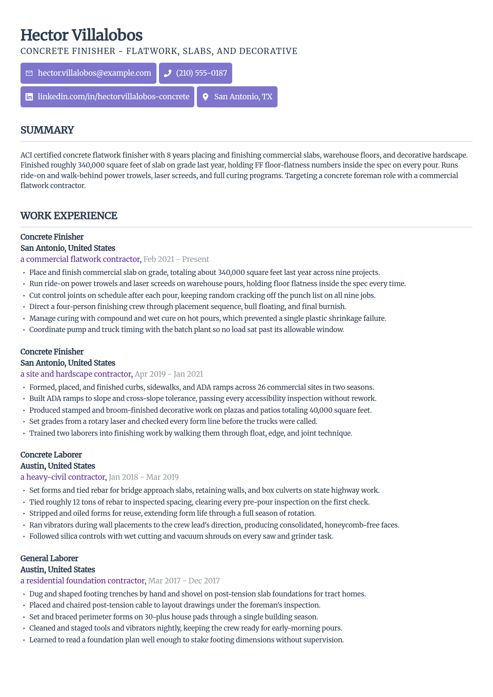 Concrete finisher resume example in the Sleek Framework template