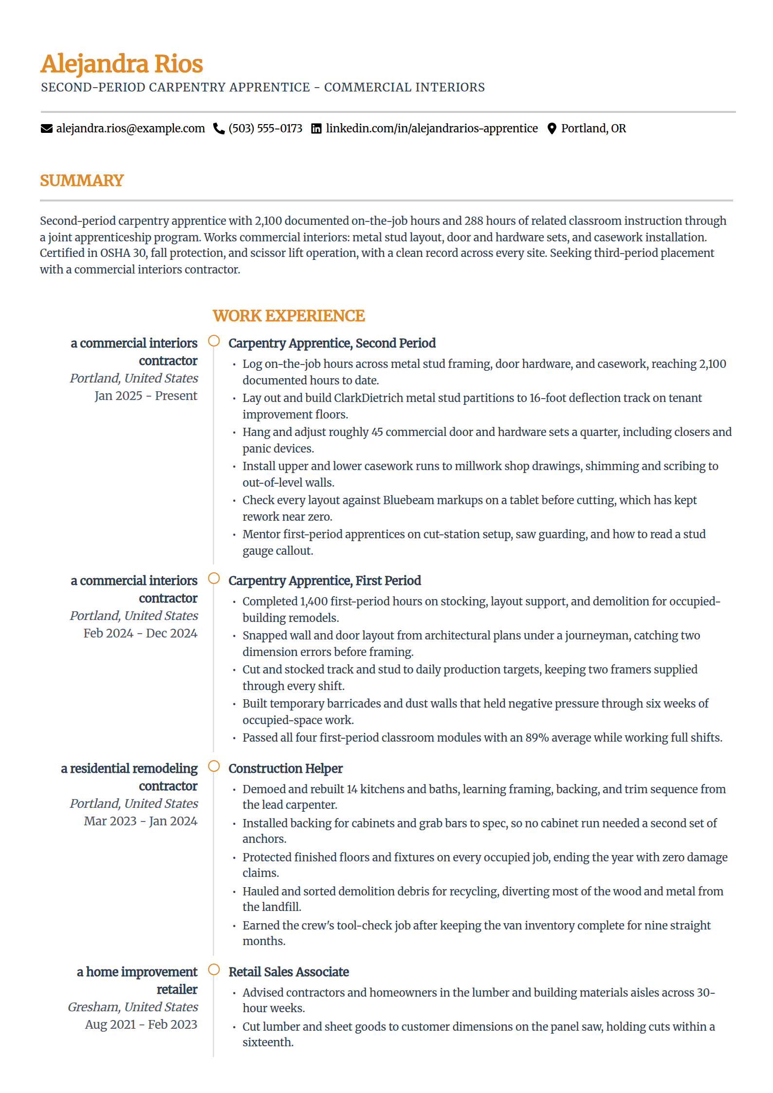 Construction apprentice resume example in the Zenith template