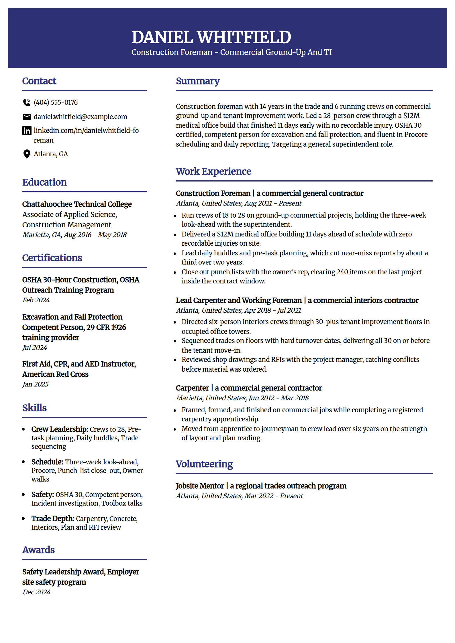 Construction foreman resume example in the Visionary template