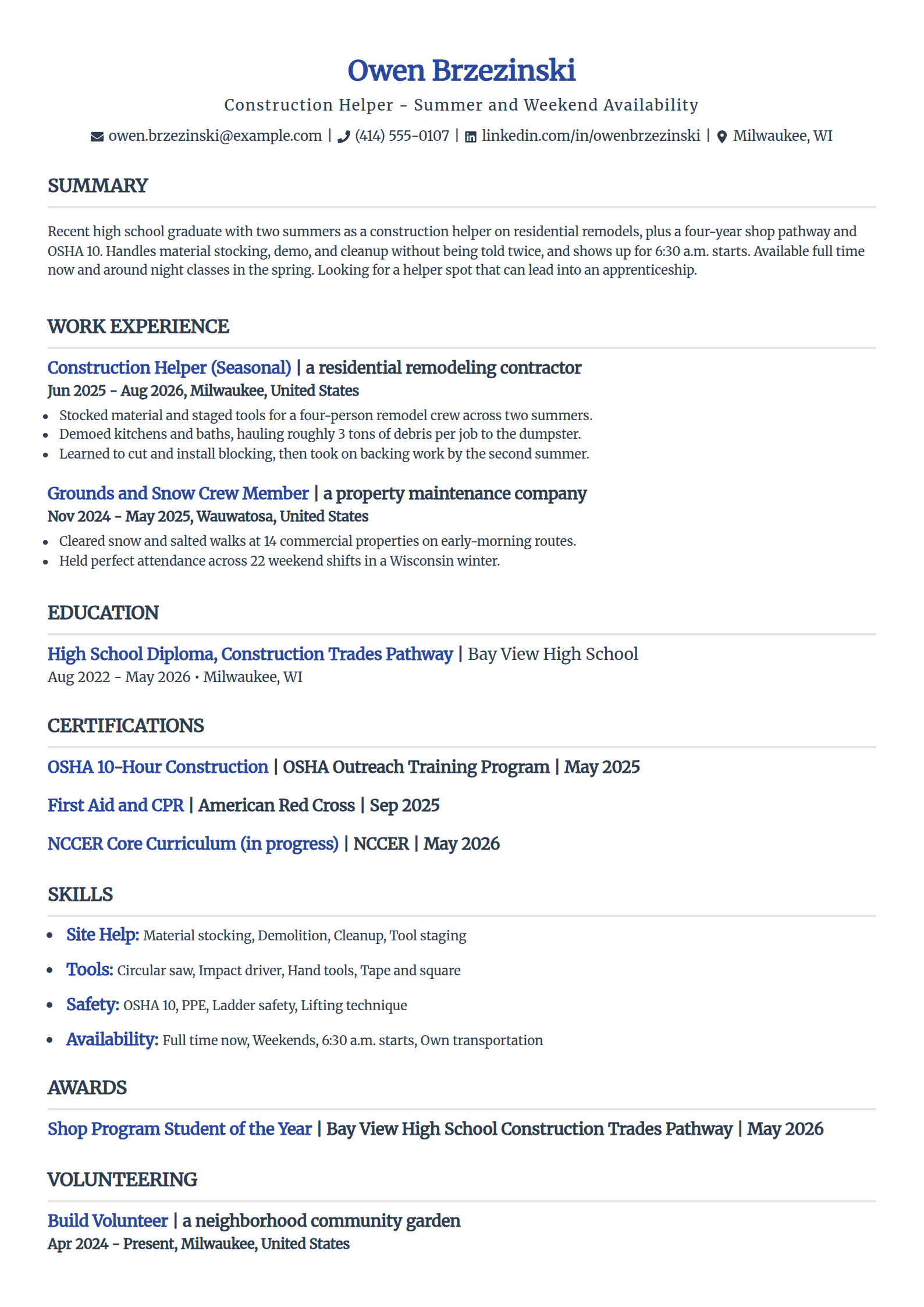 Part-time construction helper resume example in the Simple template