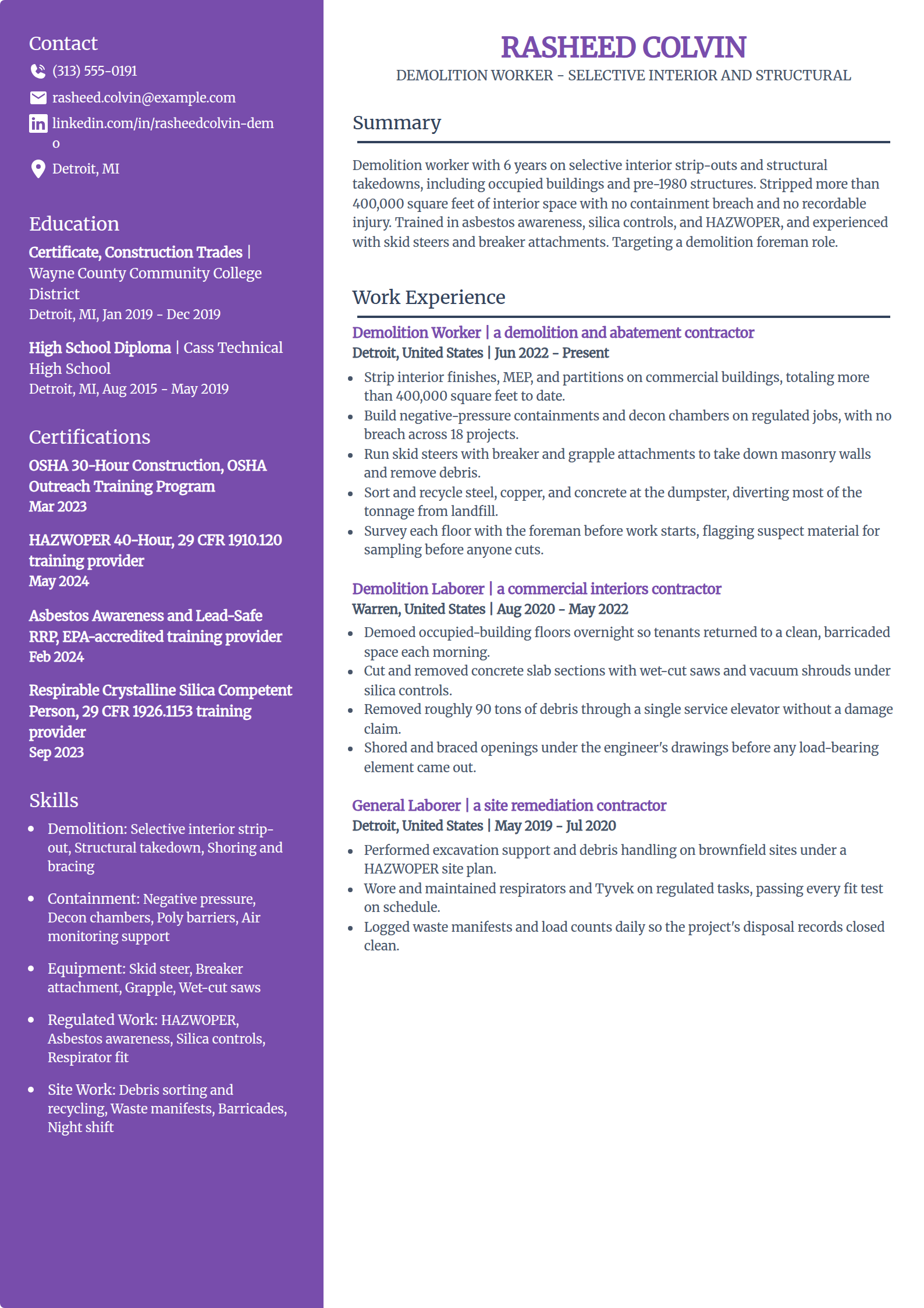 Demolition worker resume example in the Pioneer template