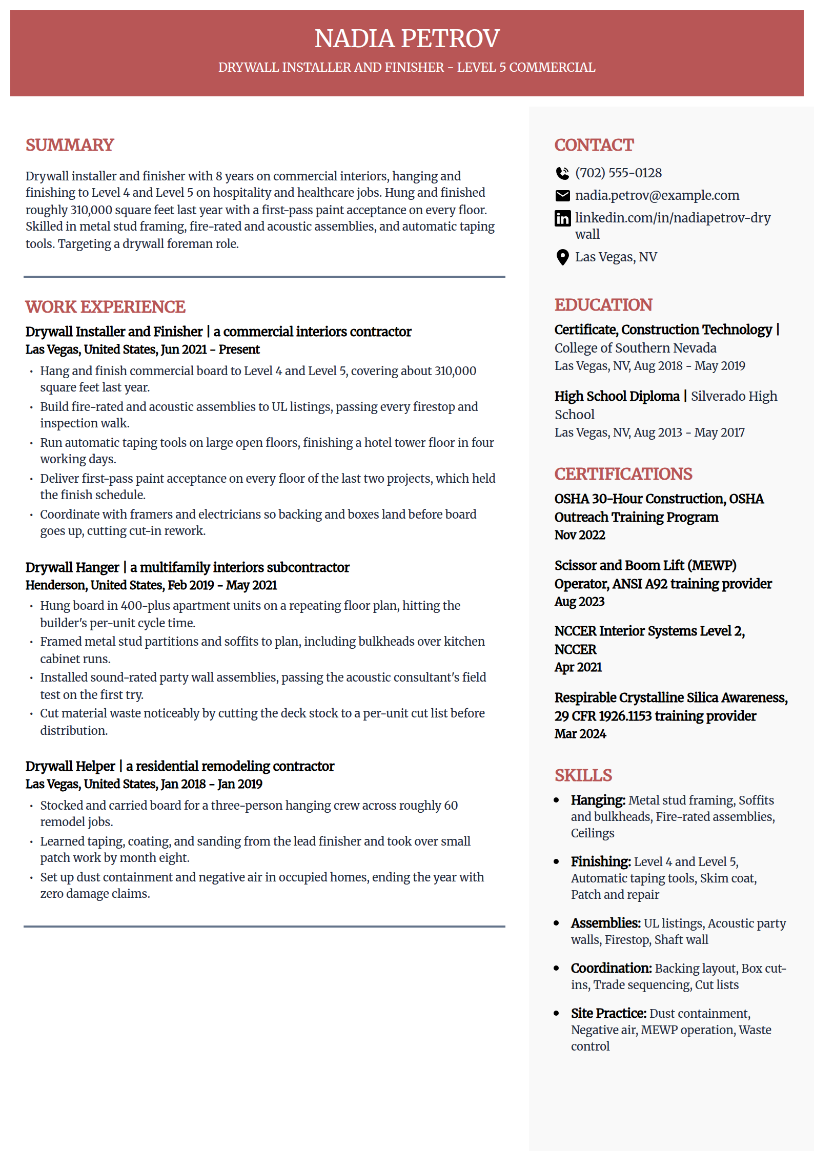 Drywall installer and finisher resume example in the Executive template