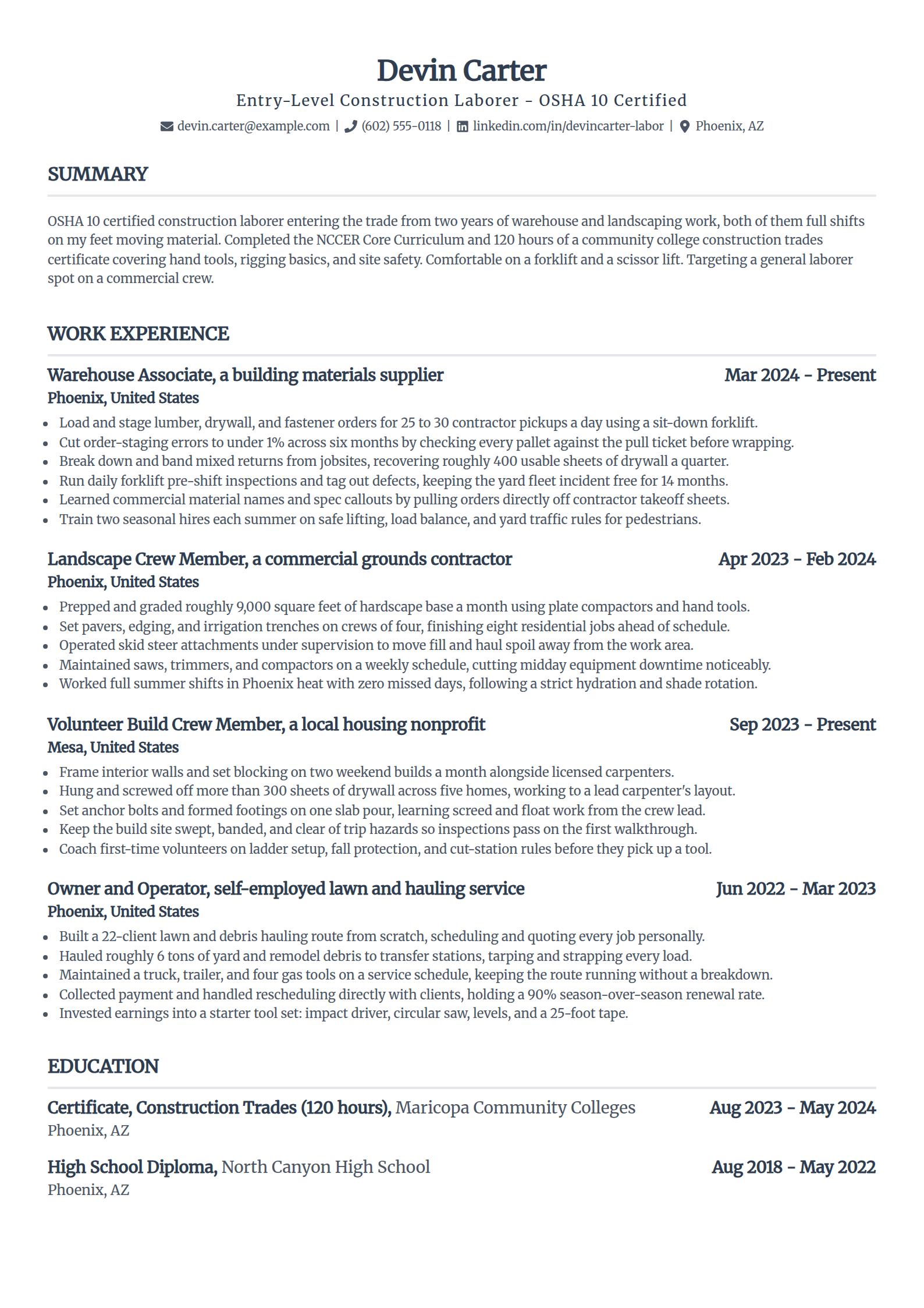 Entry-level construction laborer resume example in the Standard template