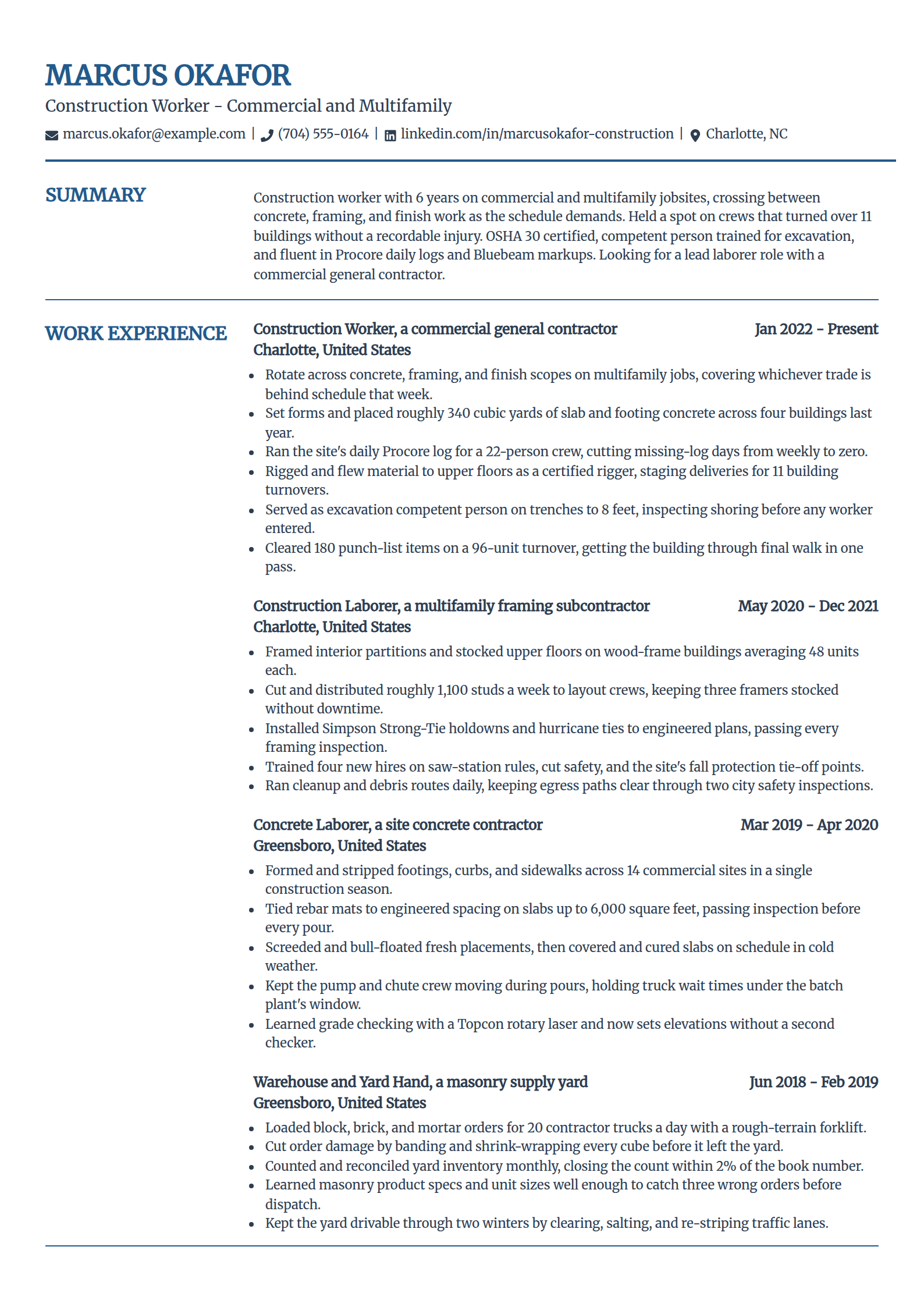General construction worker resume example in the Craft template