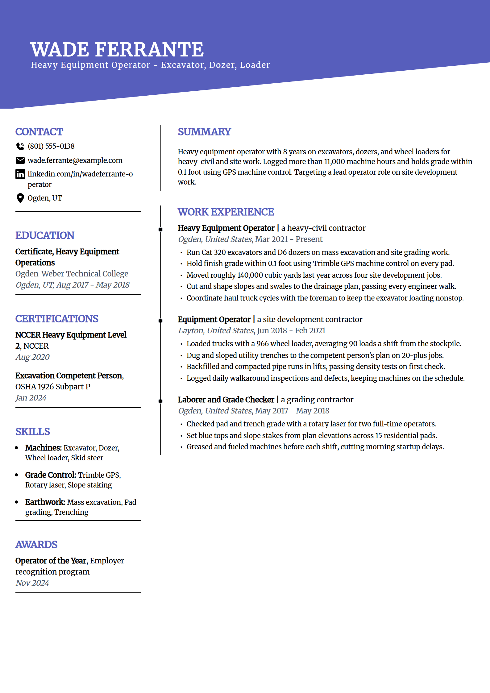 Heavy equipment operator resume example in the Orbit template