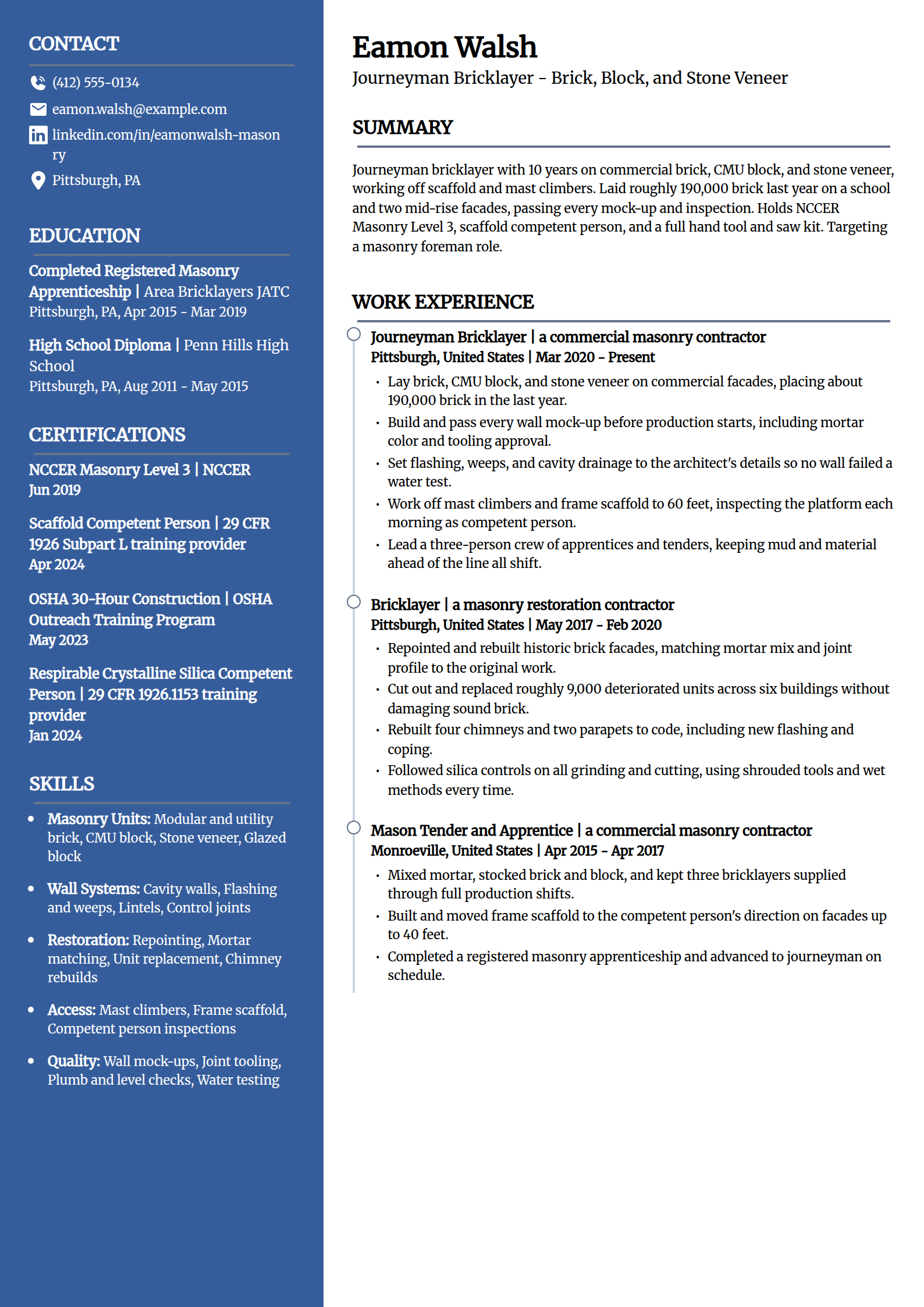 Bricklayer and mason resume example in the Creative template