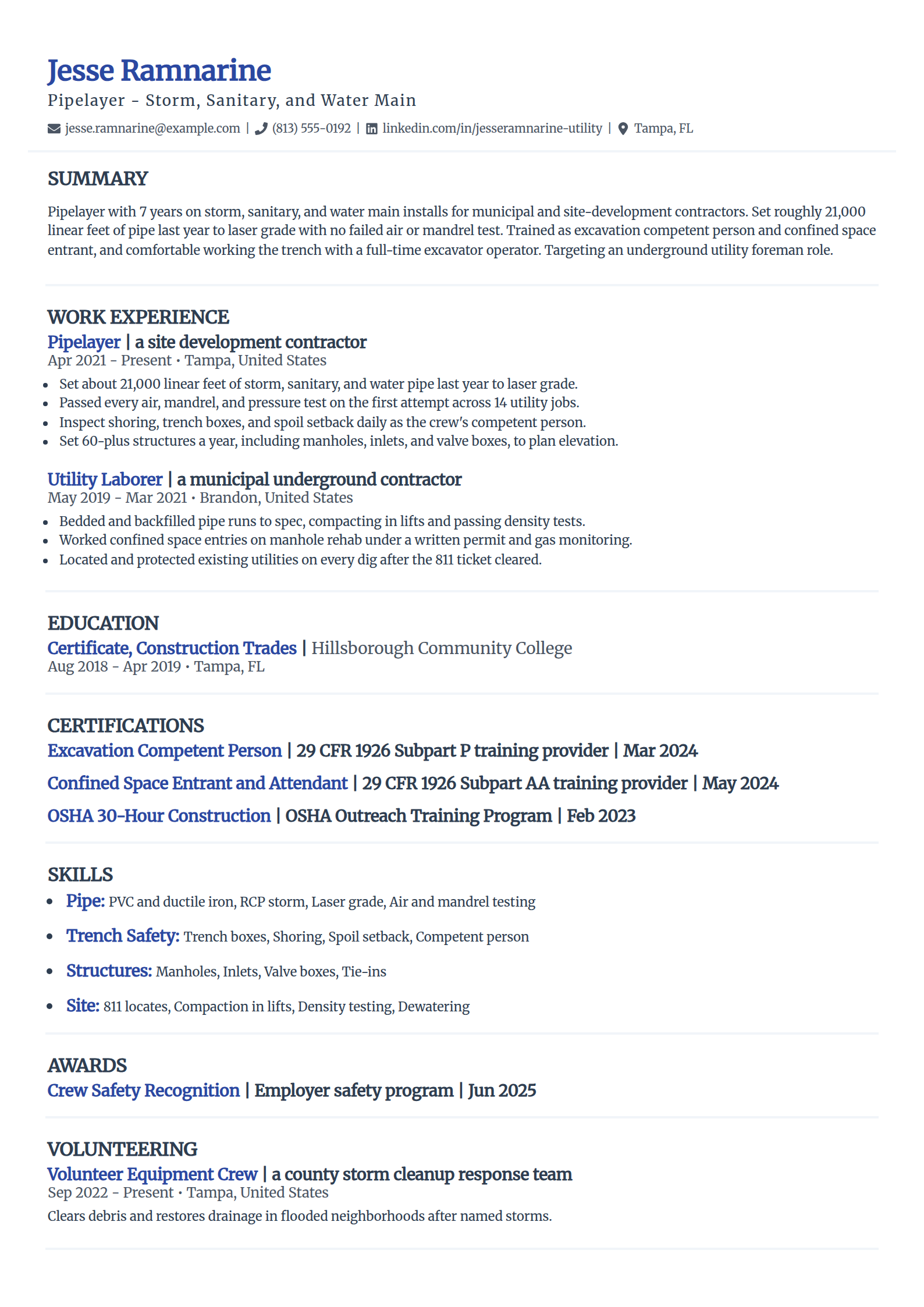 Pipelayer and underground utility worker resume example in the Elegant template
