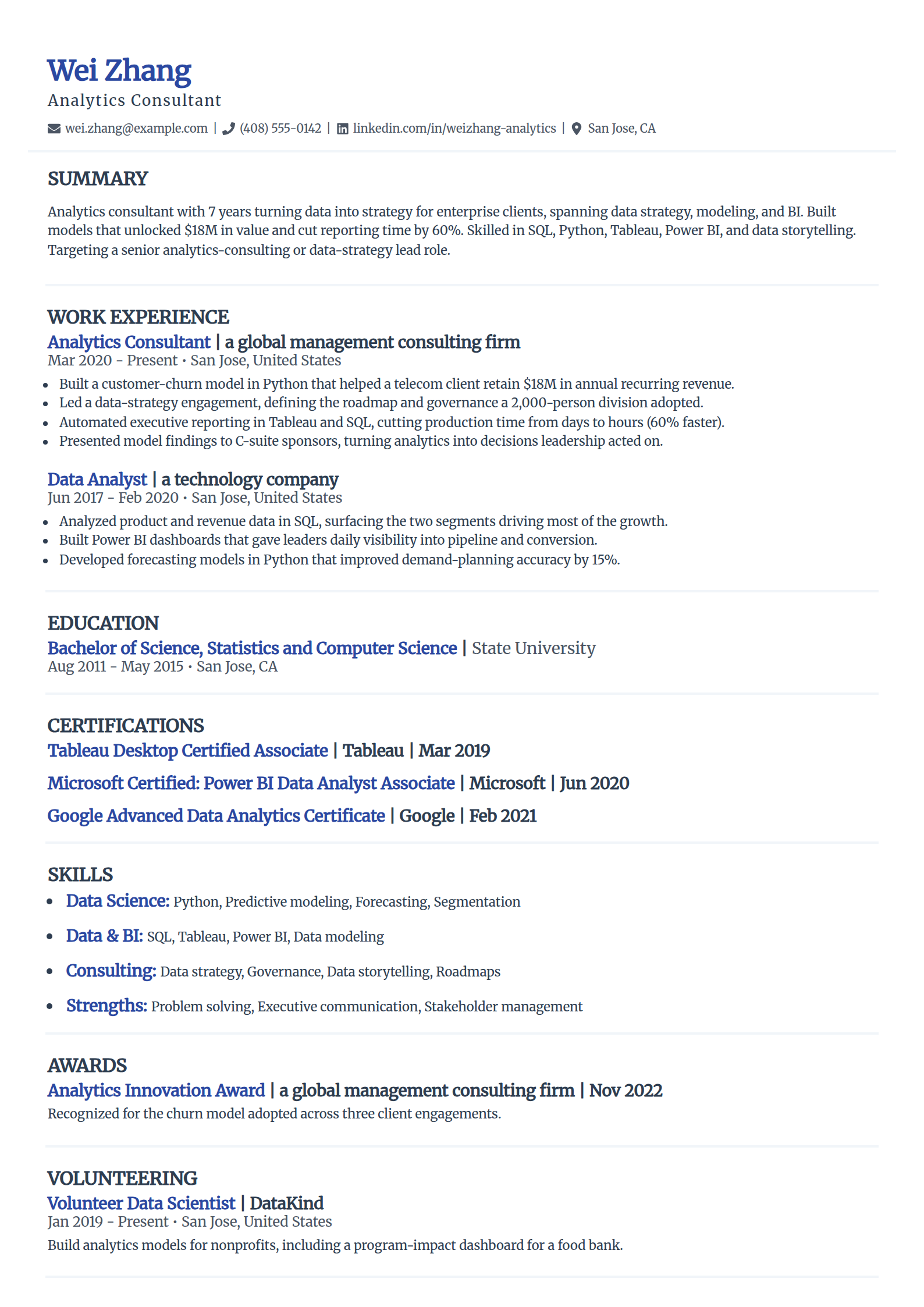 Analytics and data consultant resume example in the Elegant template