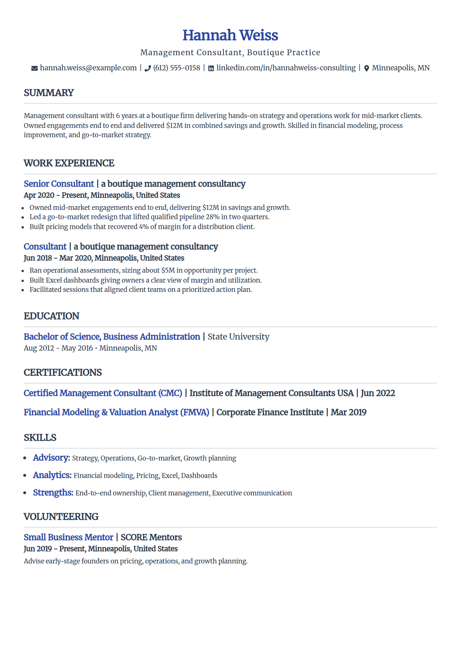 Boutique consultant resume example in the Simple template