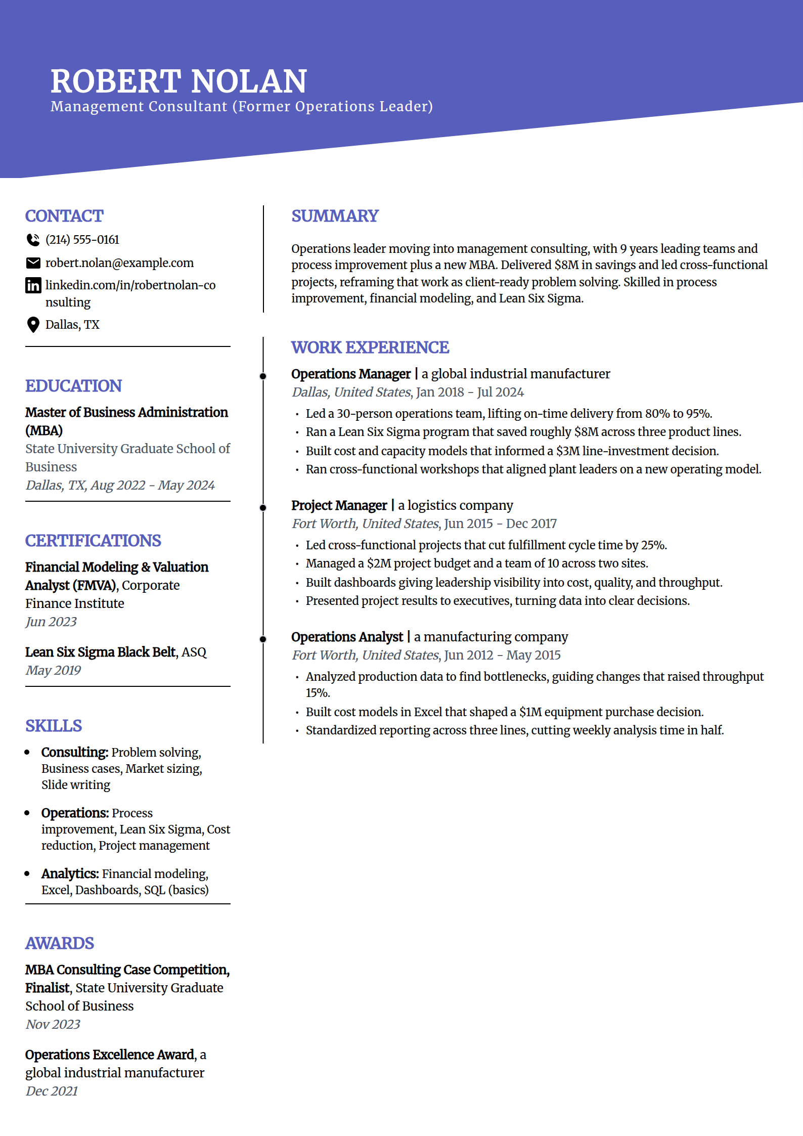 Career-change consulting resume example in the Orbit template