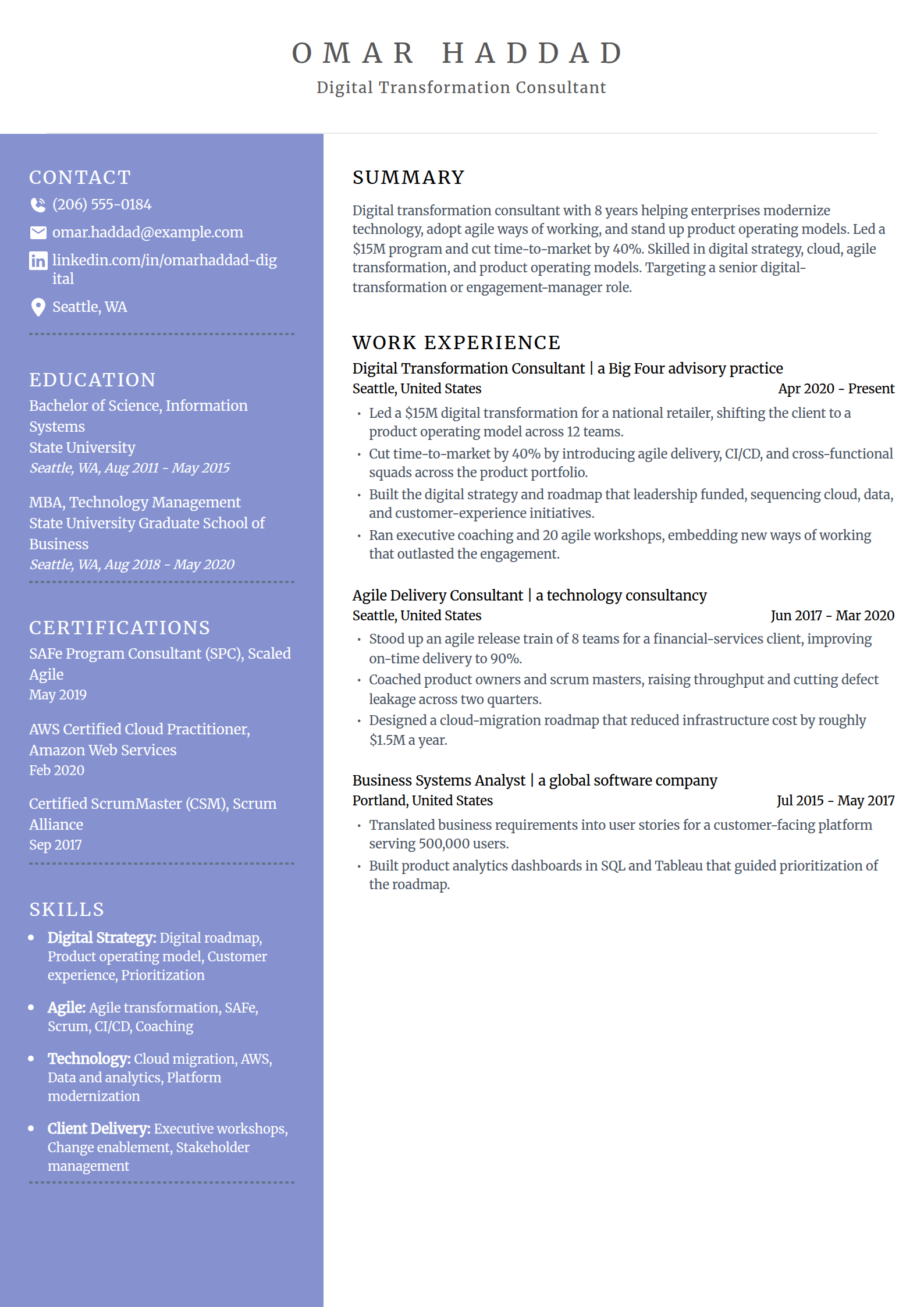 Digital transformation consultant resume example in the Luminary template