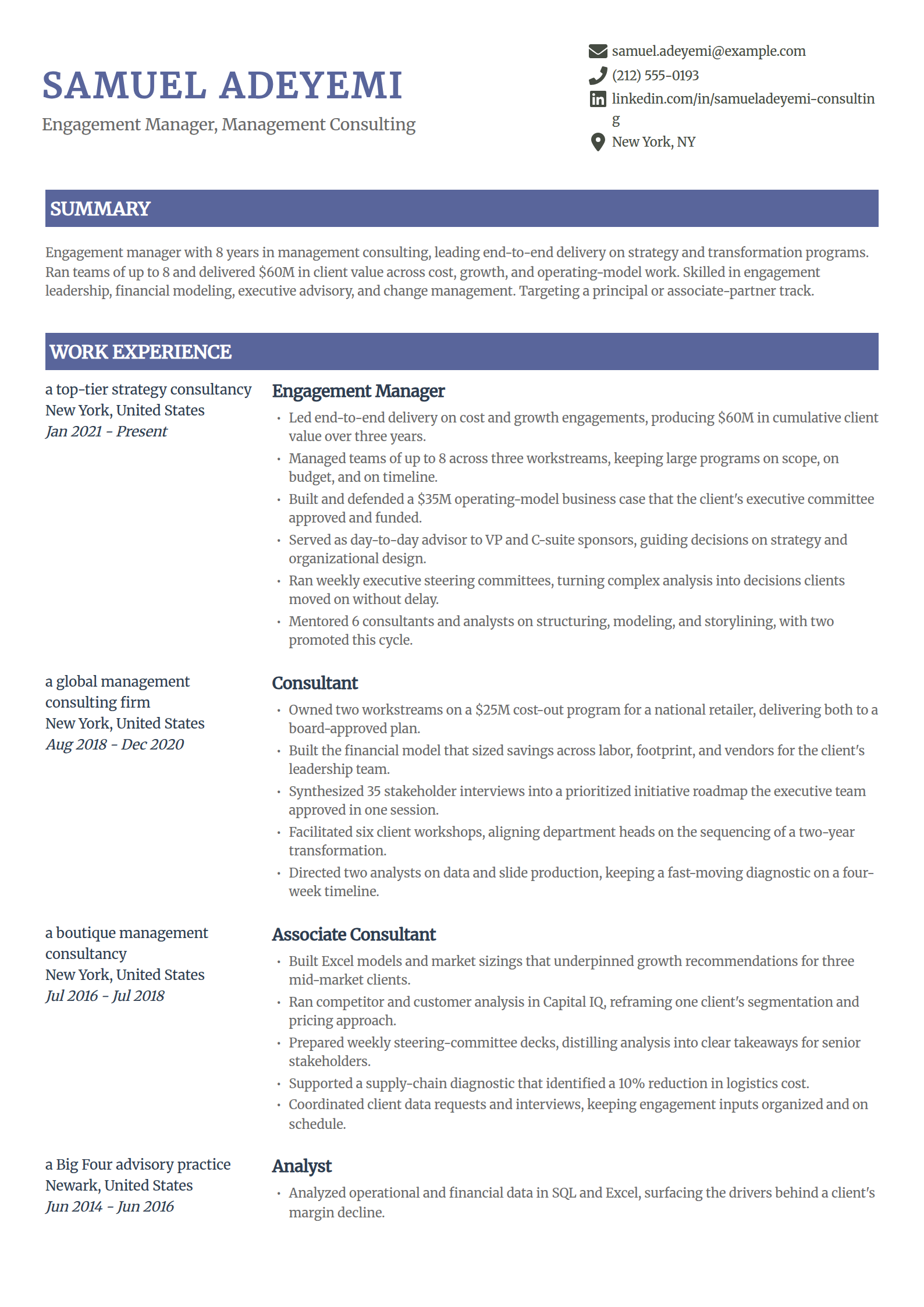 Engagement manager resume example in the Catalyst template