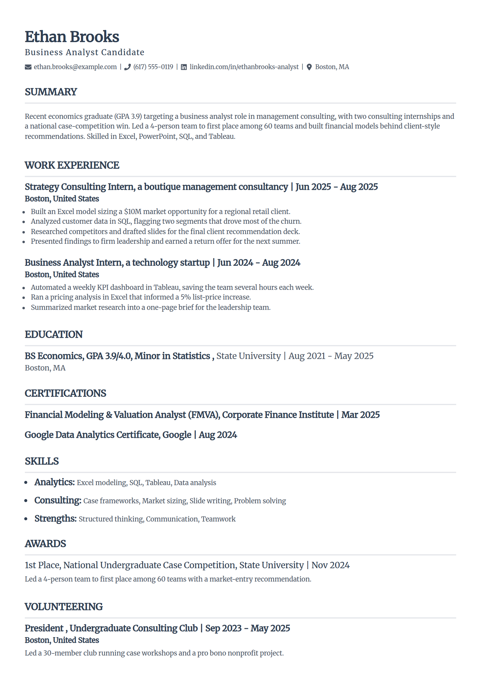 Entry-level consulting resume example in the Classic template