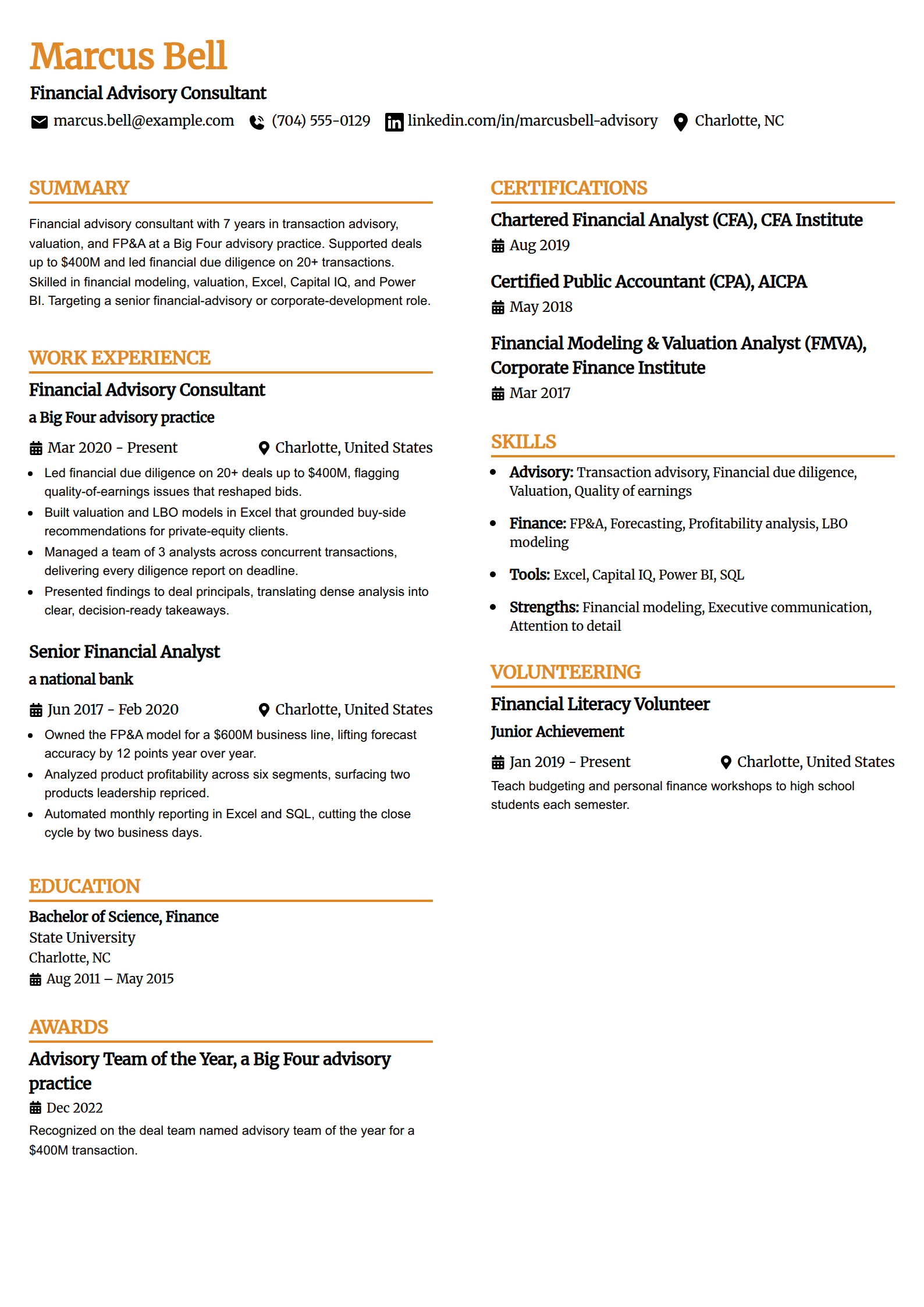 Financial advisory consultant resume example in the Professional Edge template