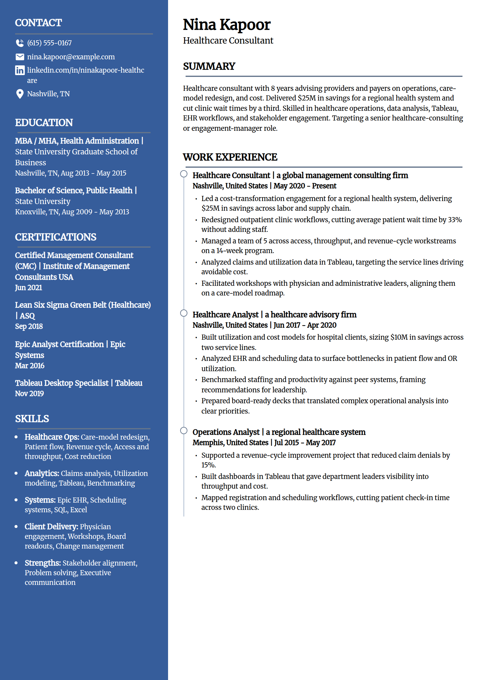 Healthcare consultant resume example in the Creative template