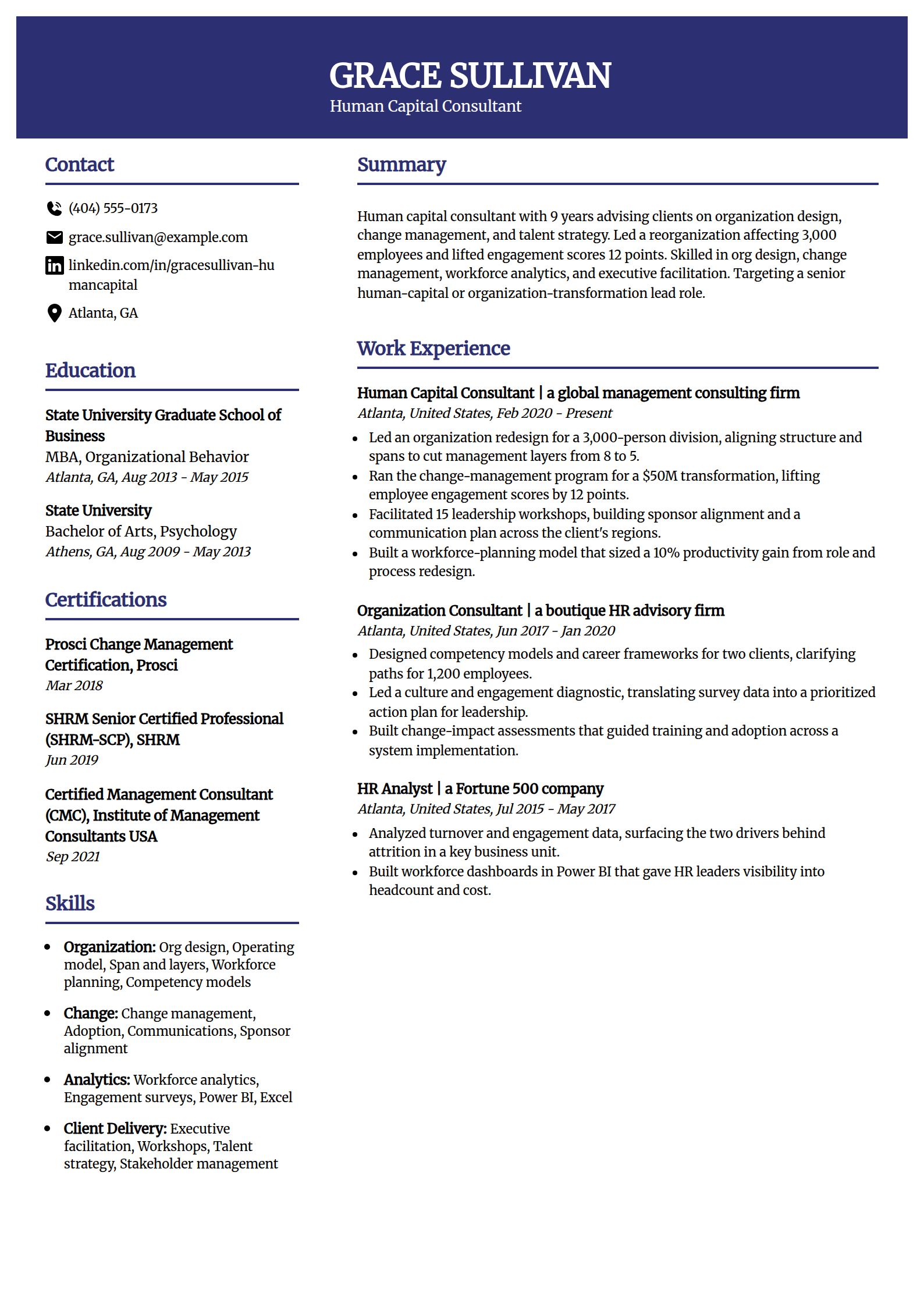 Human capital consultant resume example in the Visionary template