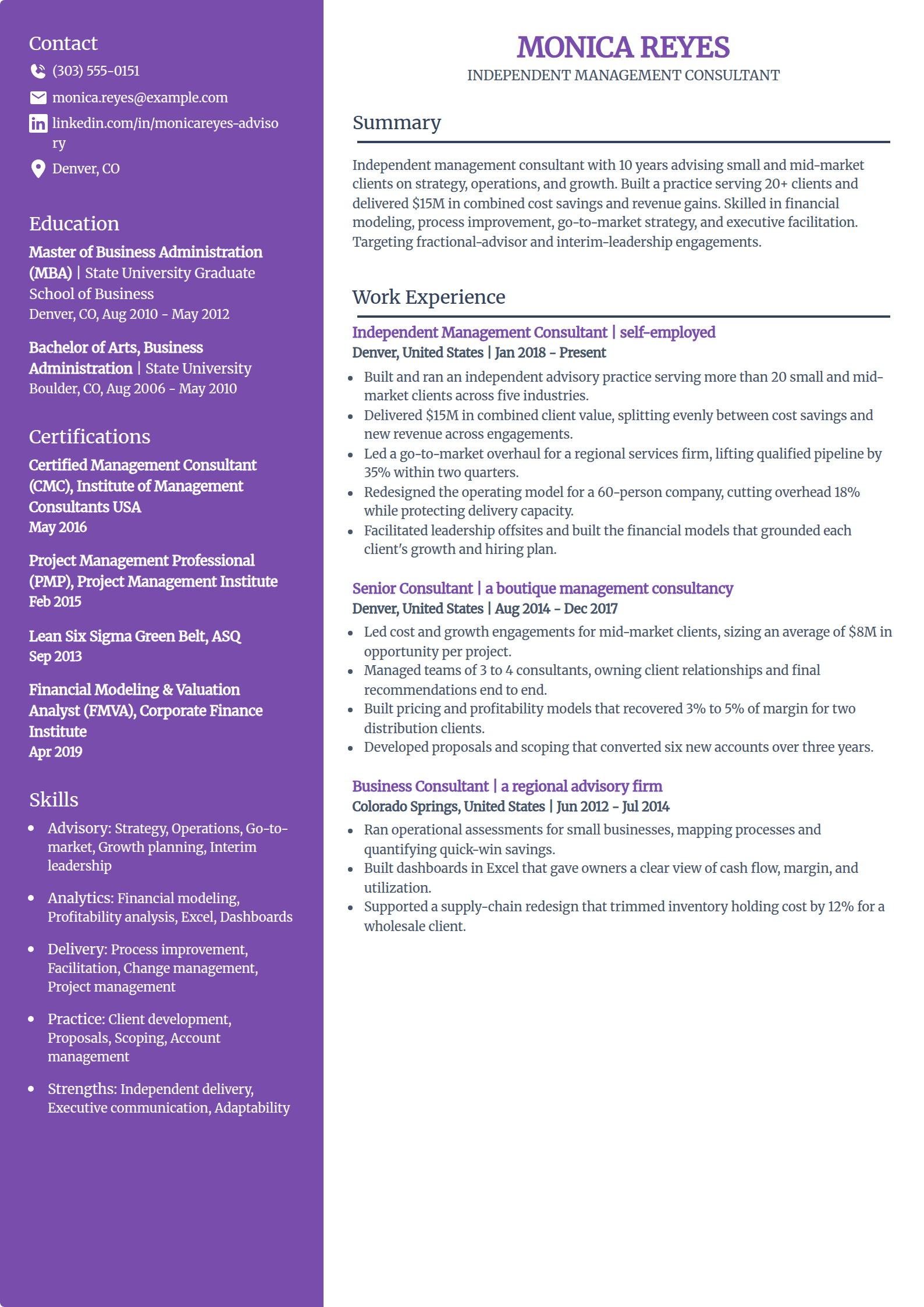 Independent consultant resume example in the Pioneer template