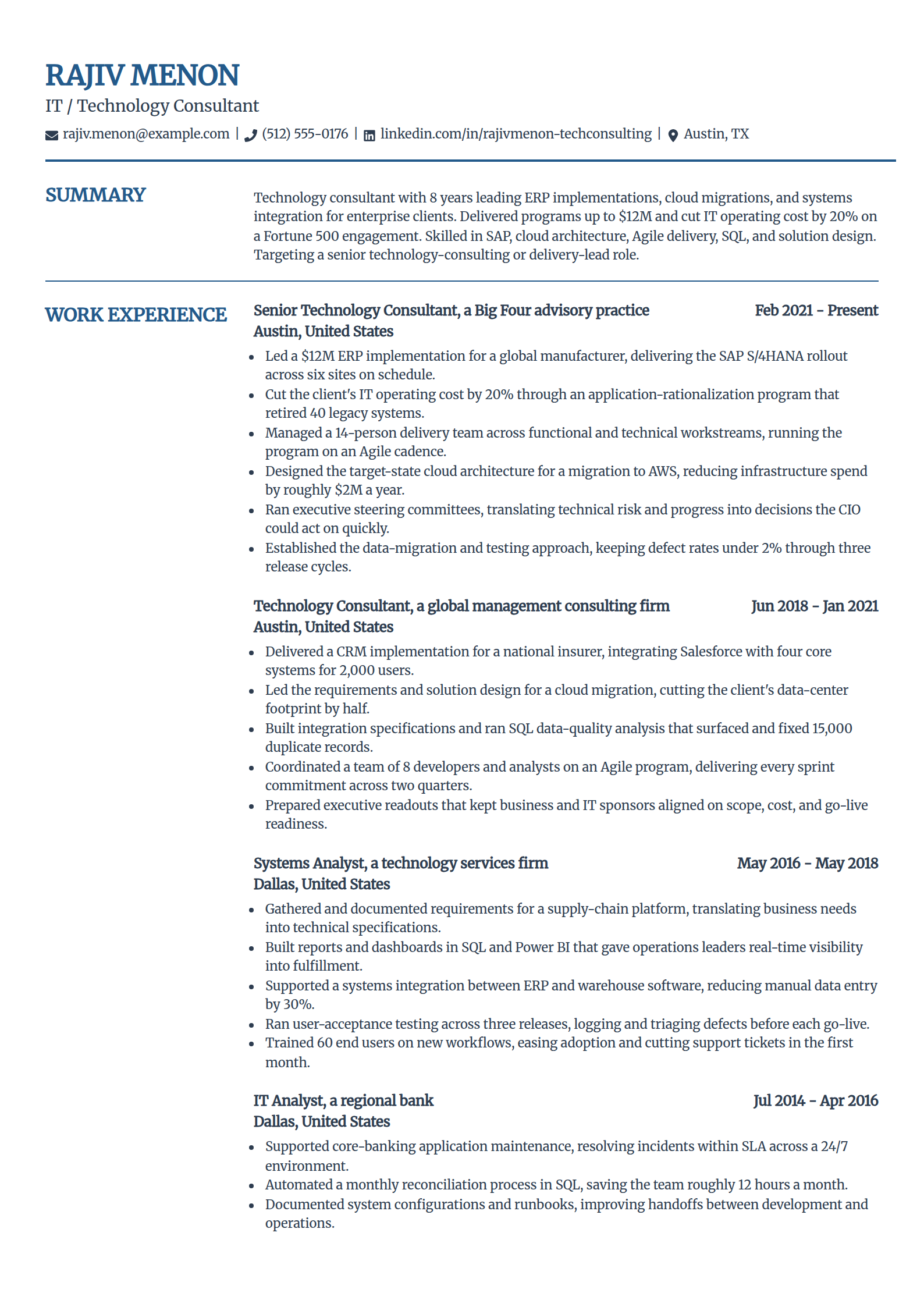 IT and technology consultant resume example in the Craft template