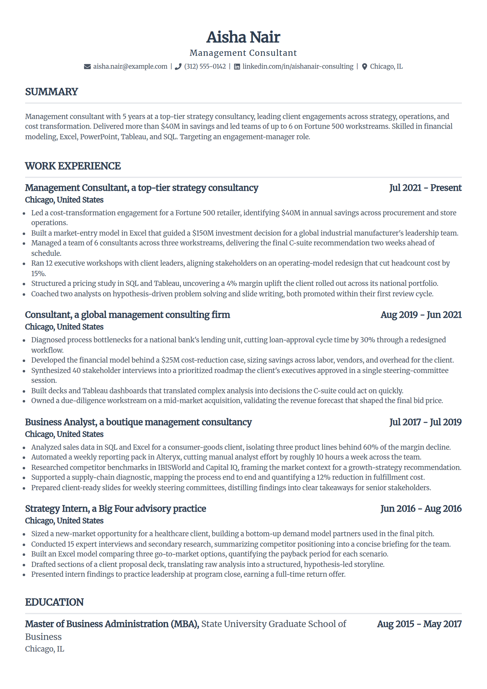 Management consultant resume example in the Standard template
