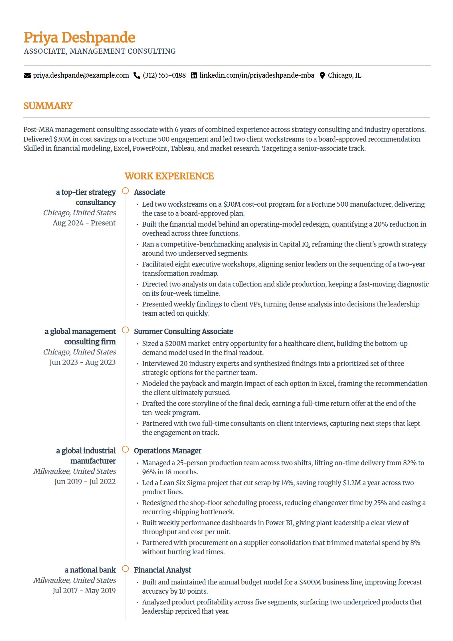 MBA consulting associate resume example in the Zenith template