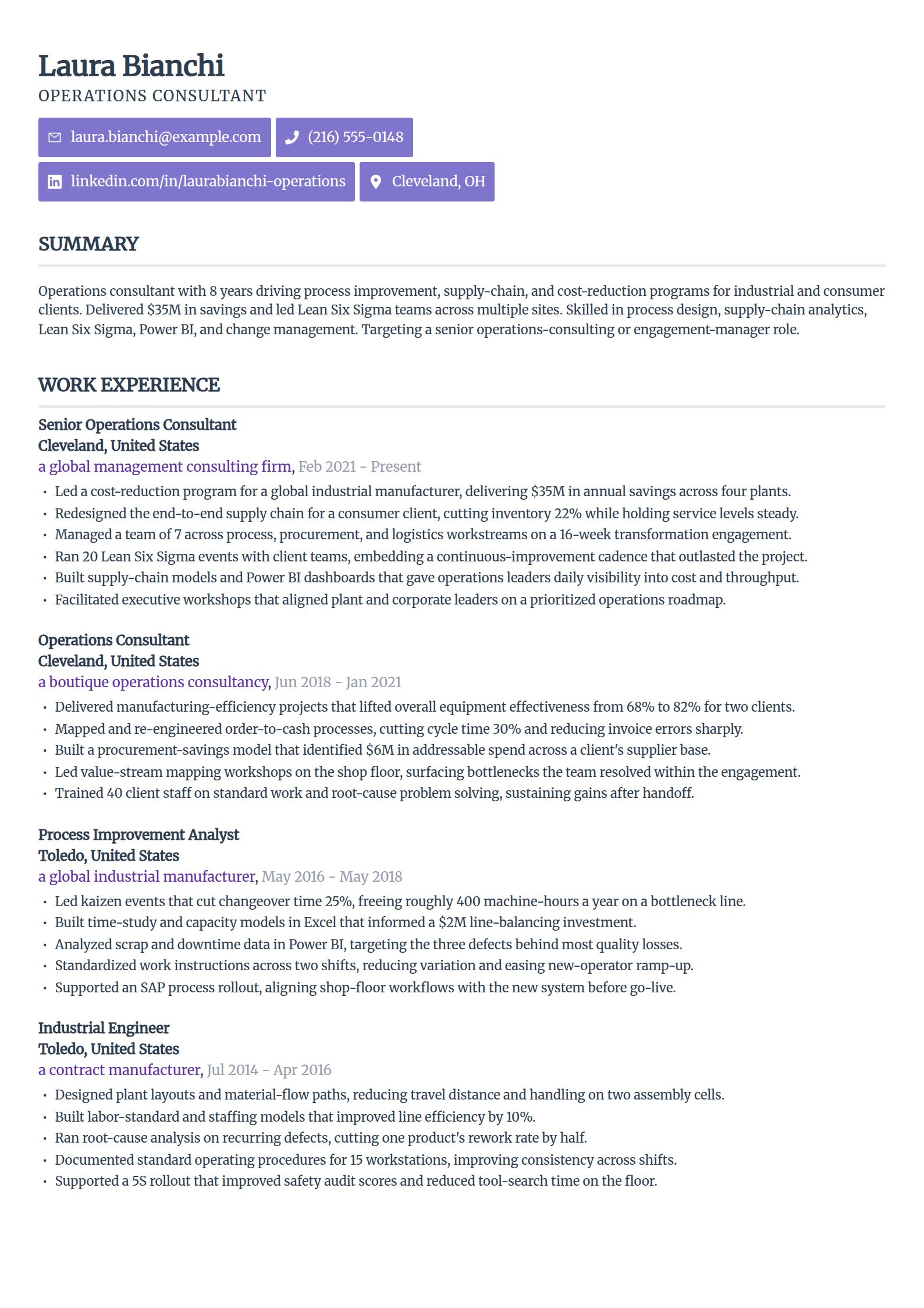Operations consultant resume example in the Sleek Framework template