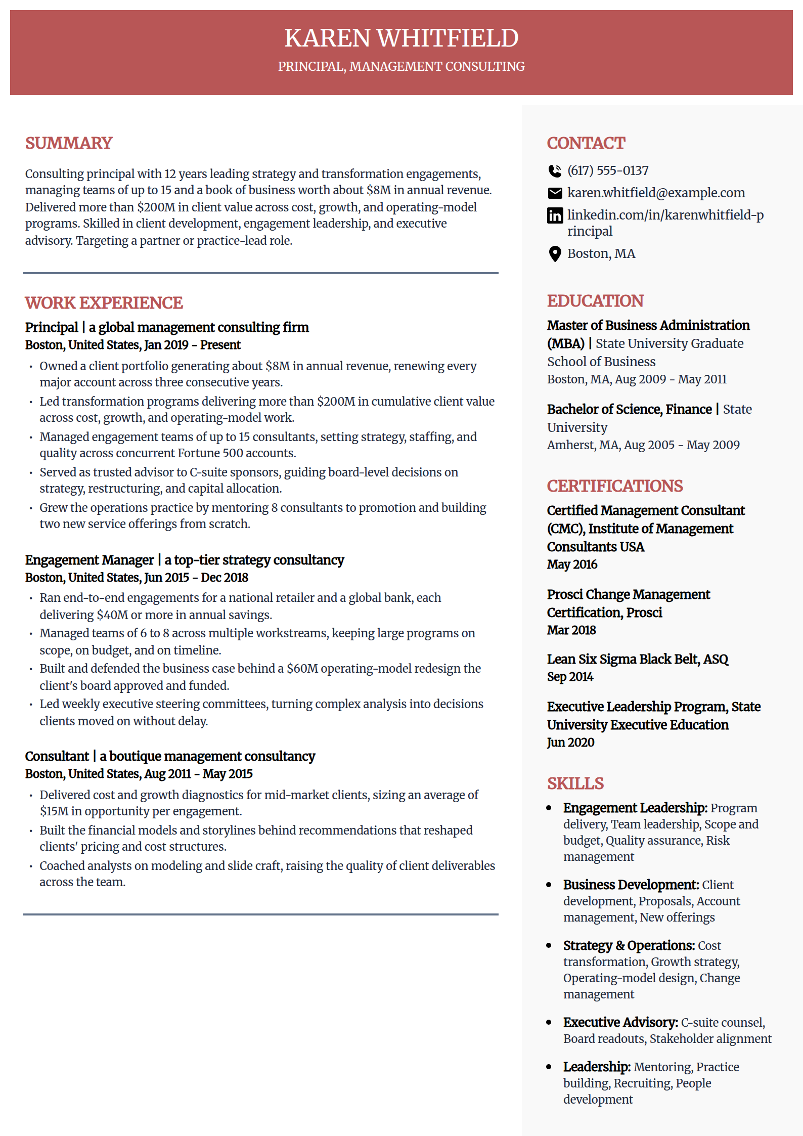 Consulting principal resume example in the Executive template