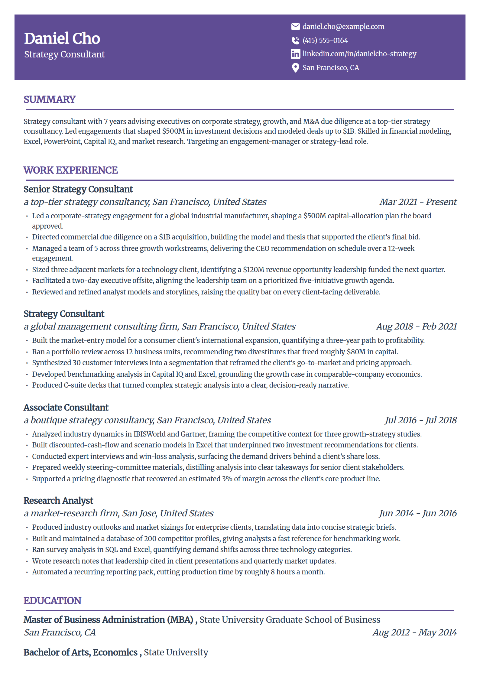 Strategy consultant resume example in the Panorama template