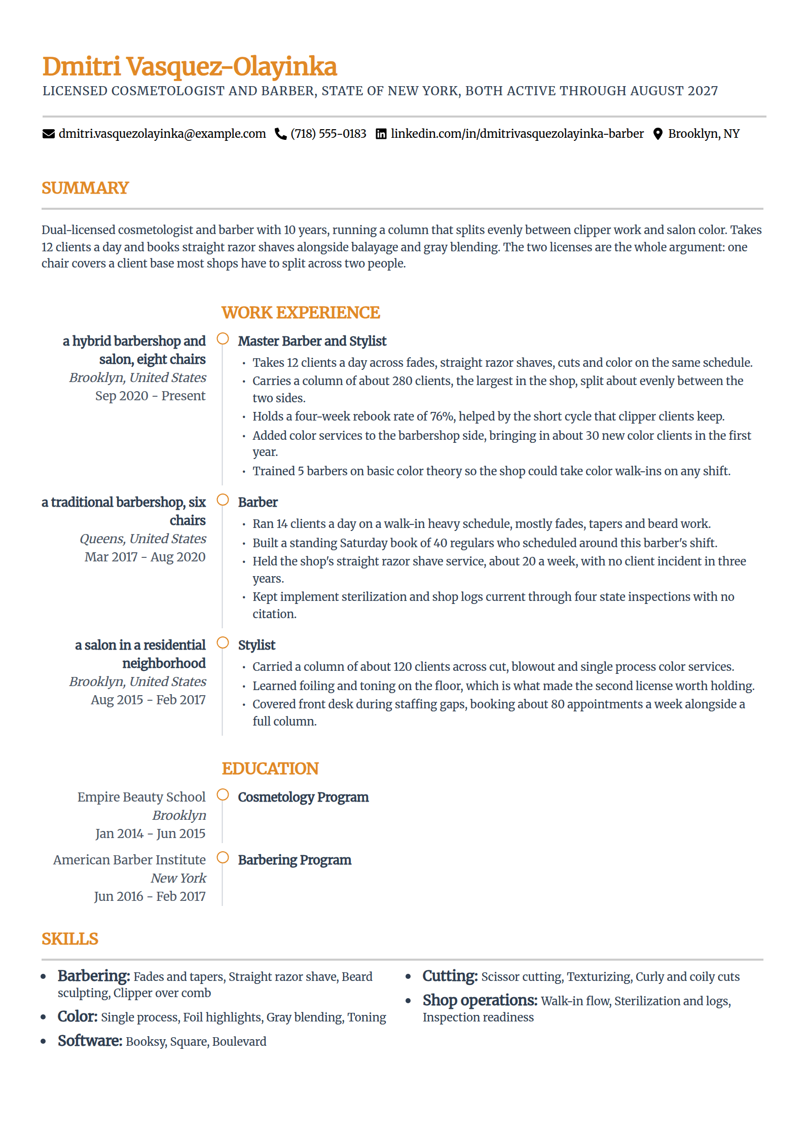 Dual-licensed cosmetologist and barber resume example in the Zenith template
