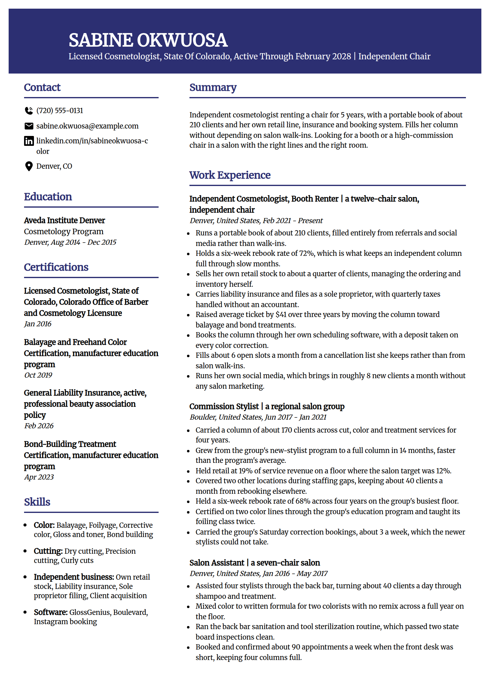 Booth rental and commission chair cosmetologist resume example in the Visionary template