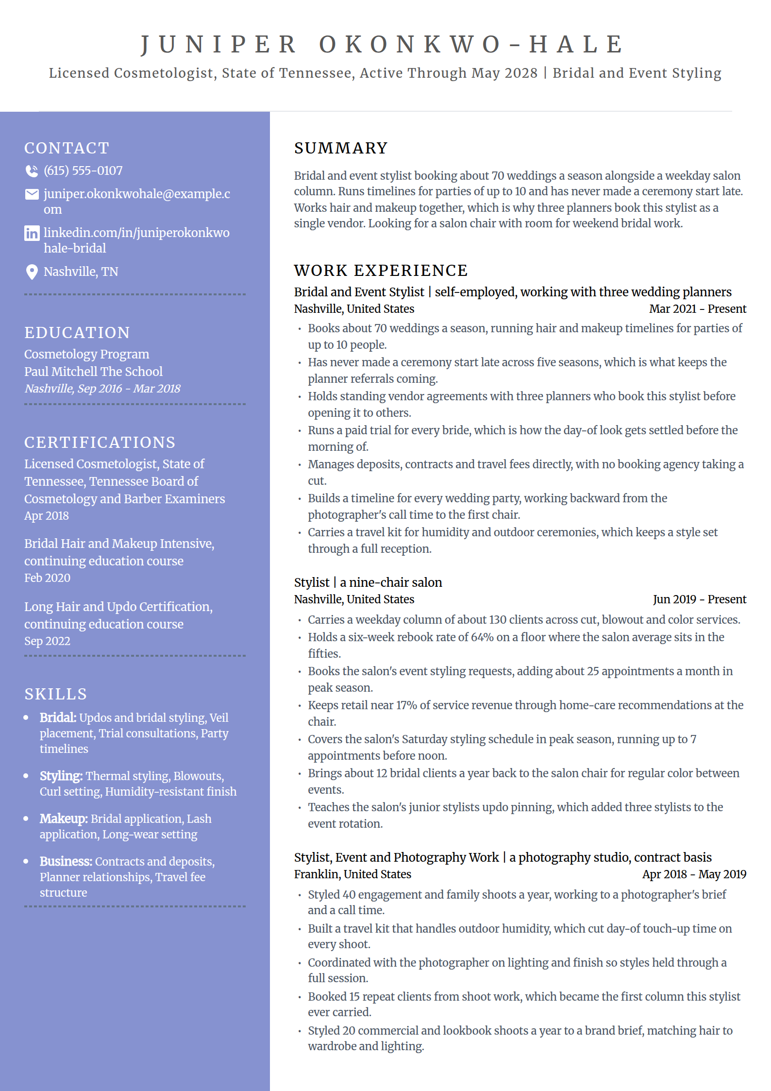 Bridal and event stylist cosmetologist resume example in the Luminary template