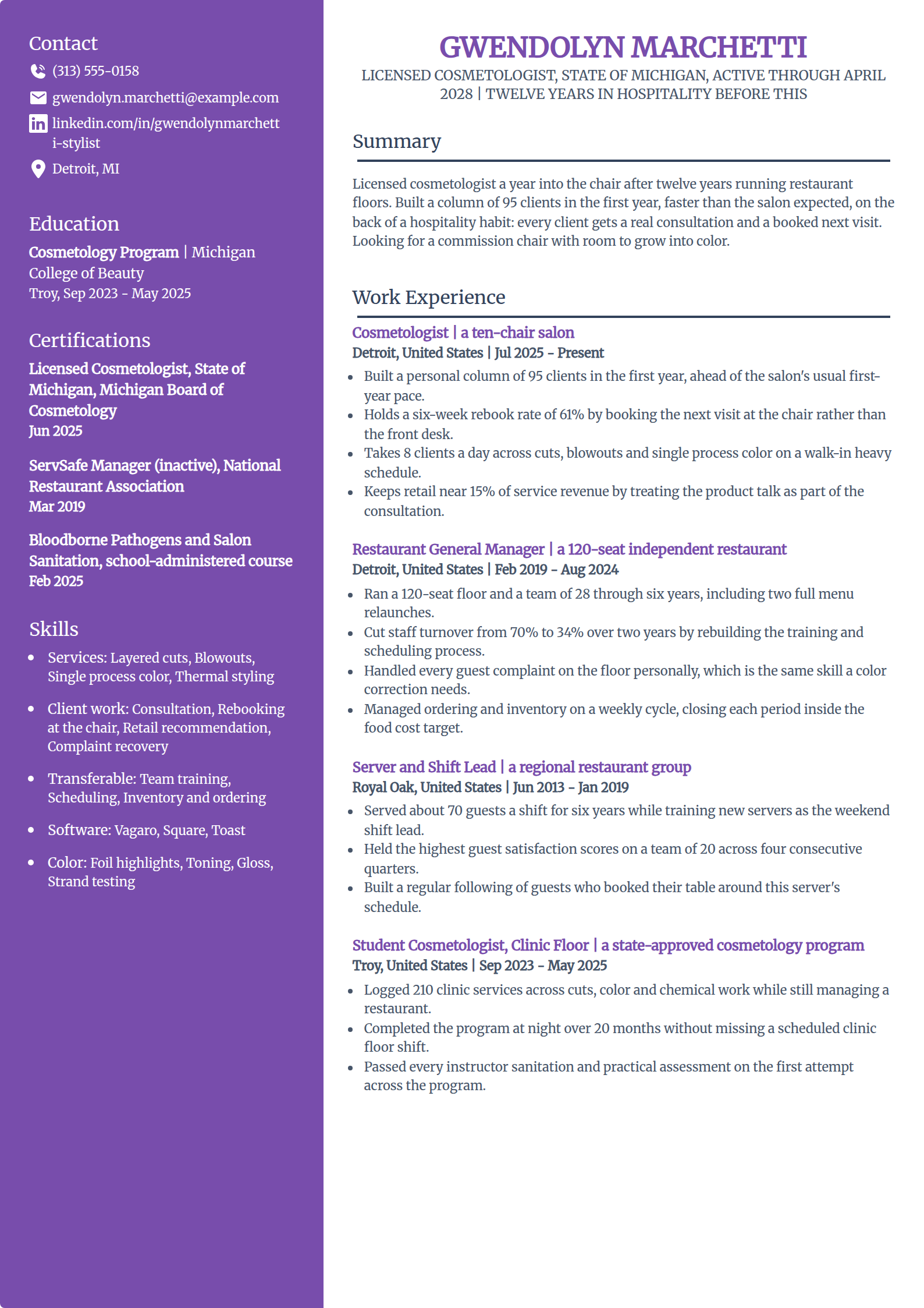 Career-change cosmetology resume example in the Pioneer template