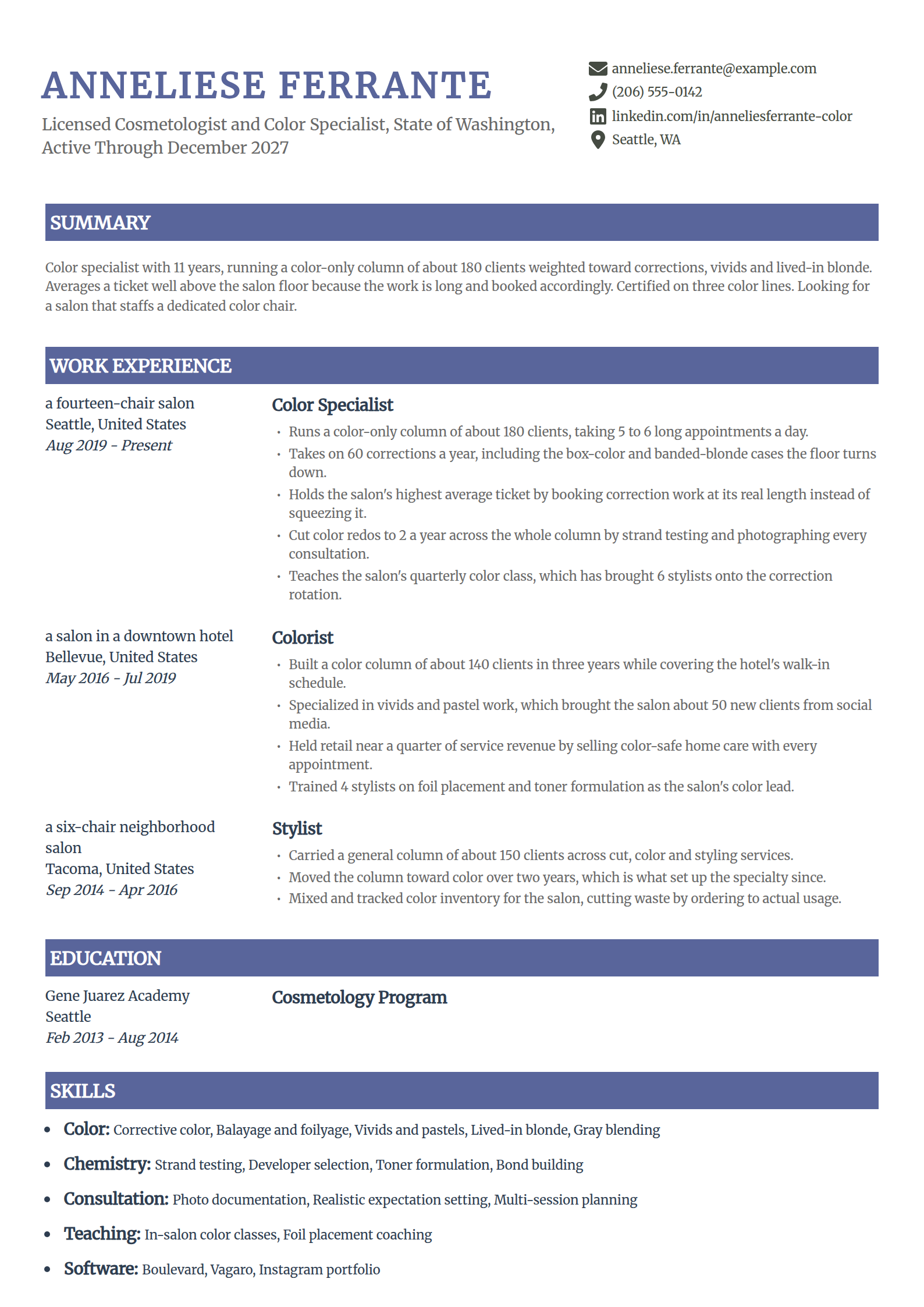 Color specialist cosmetologist resume example in the Catalyst template