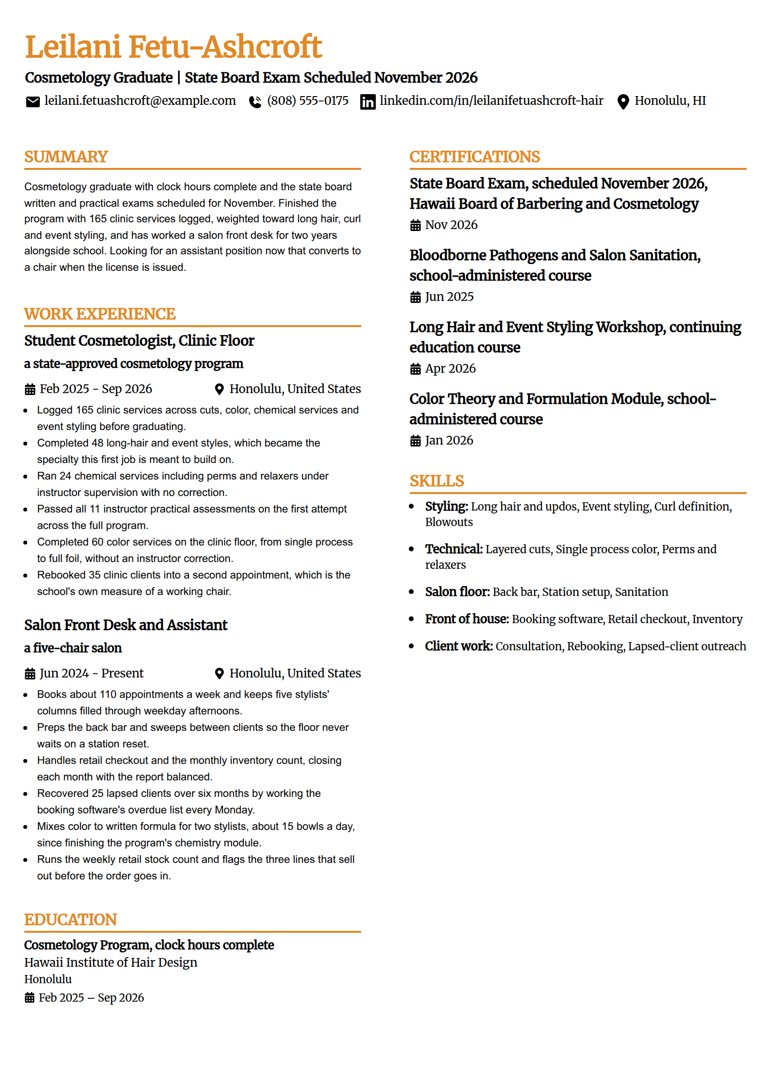 Cosmetology school graduate resume example with the state board exam pending, in the Professional Edge template