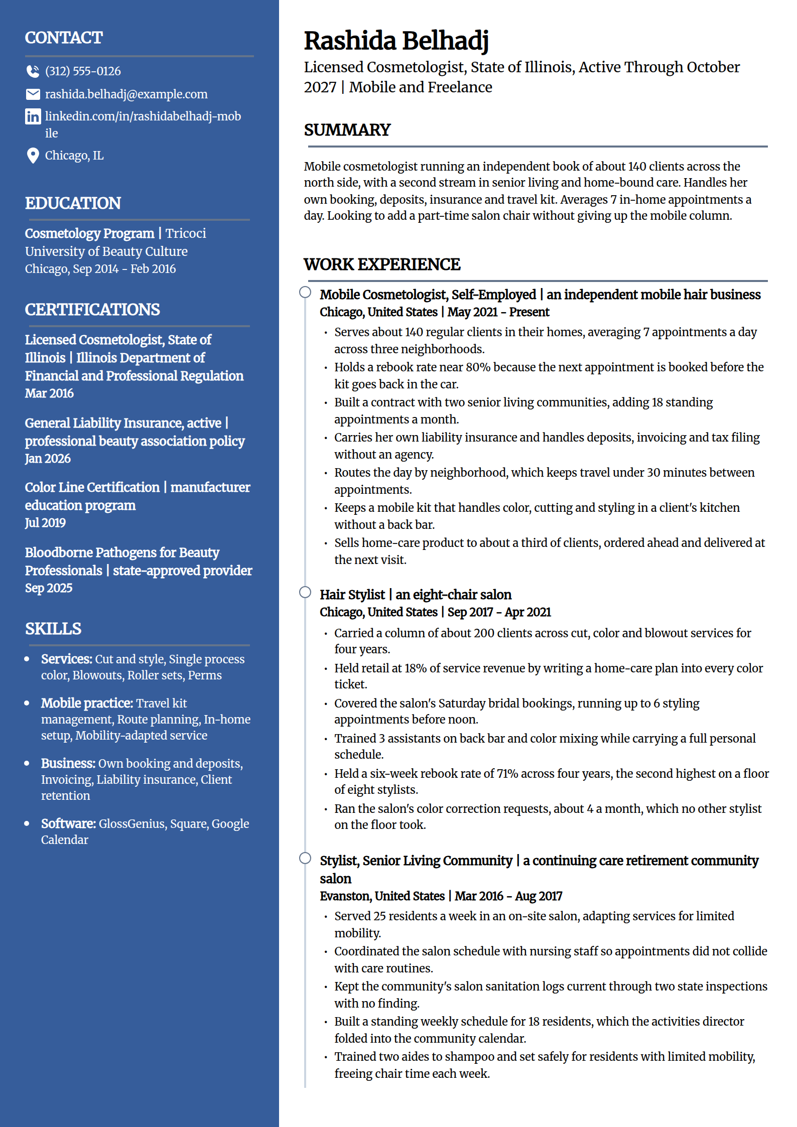 Freelance and mobile cosmetologist resume example in the Creative template