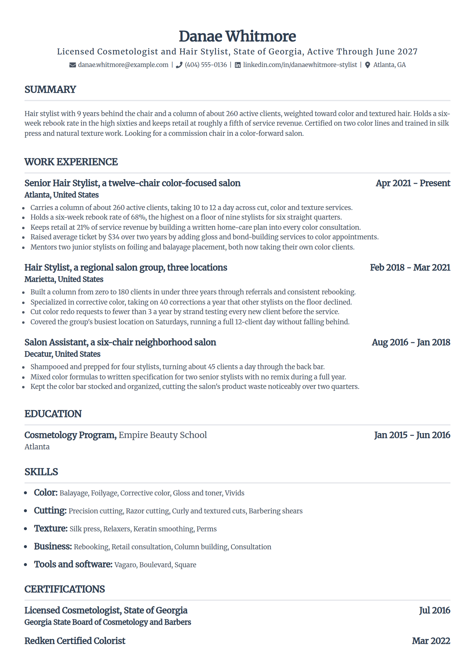 Hair stylist resume example in the Standard template