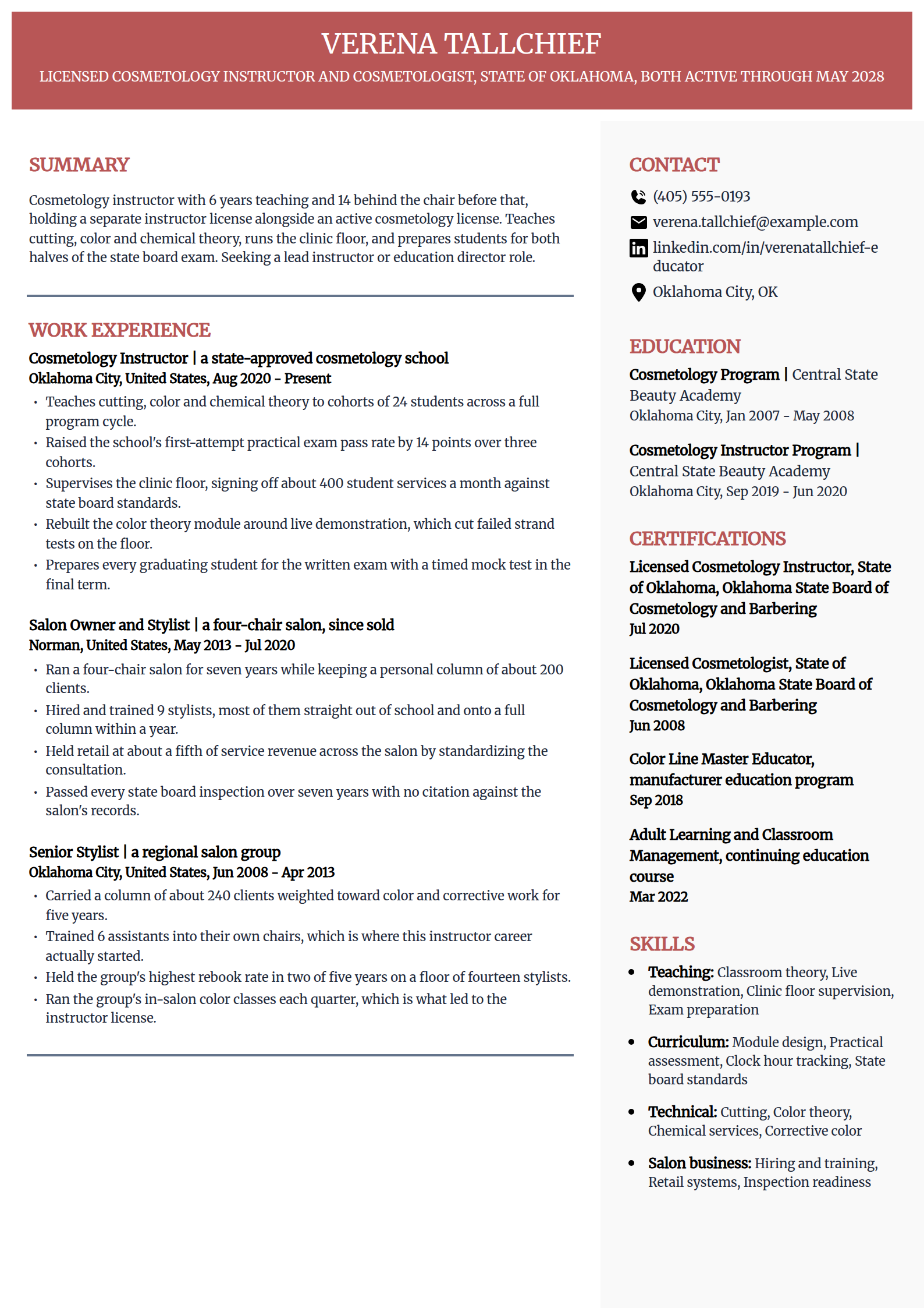 Cosmetology instructor resume example in the Executive template