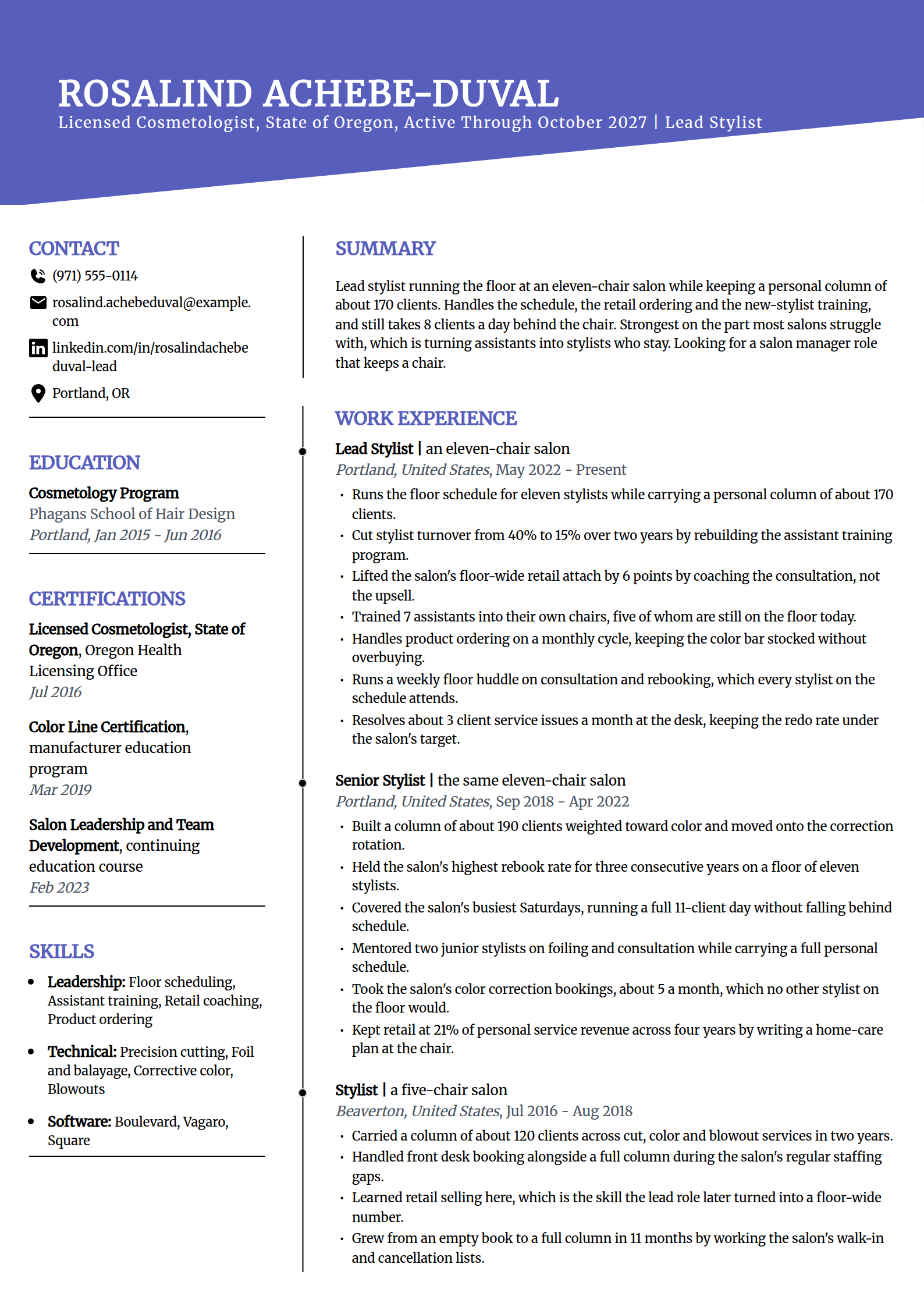Lead stylist on the salon manager track resume example in the Orbit template