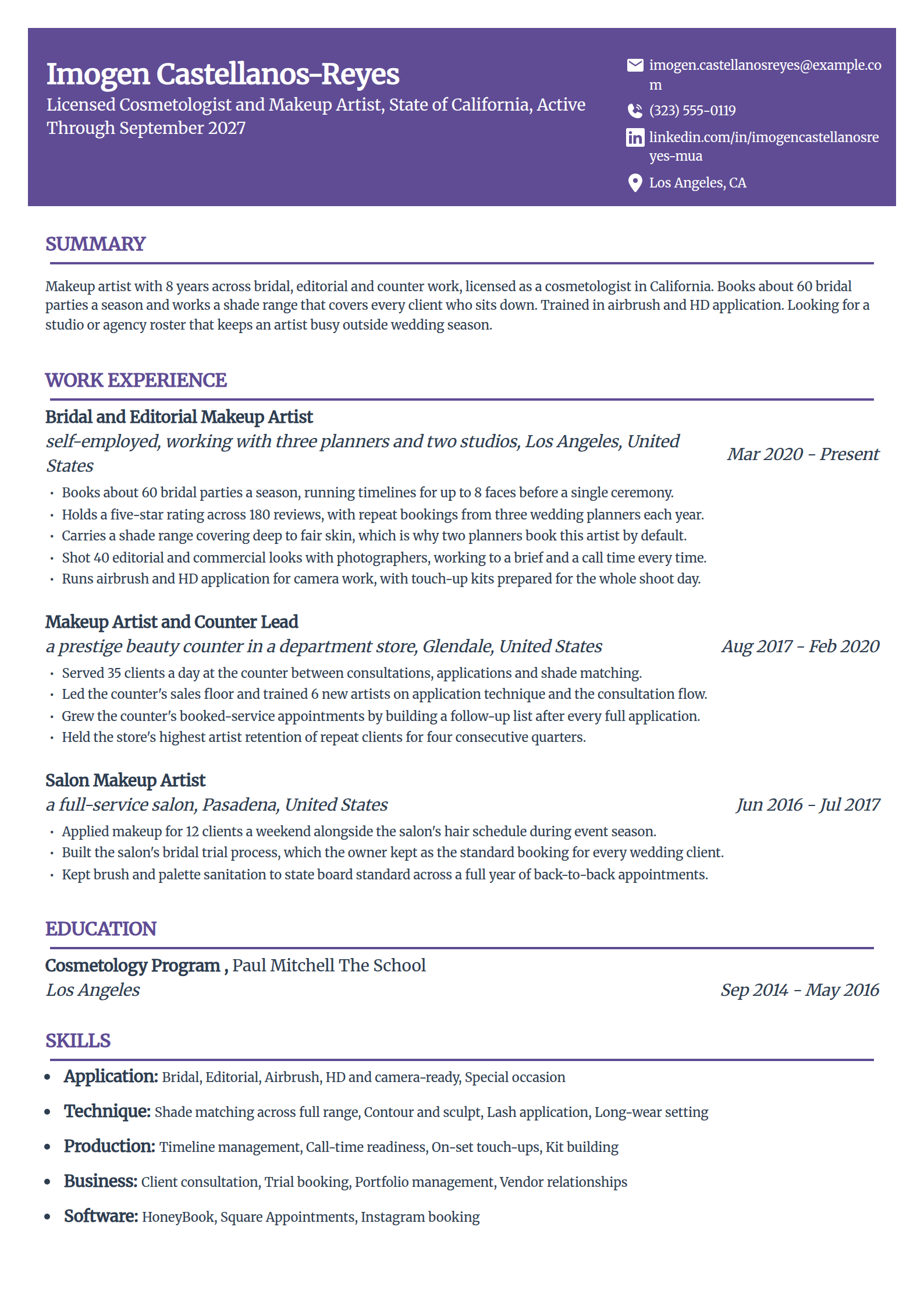 Makeup artist resume example in the Panorama template