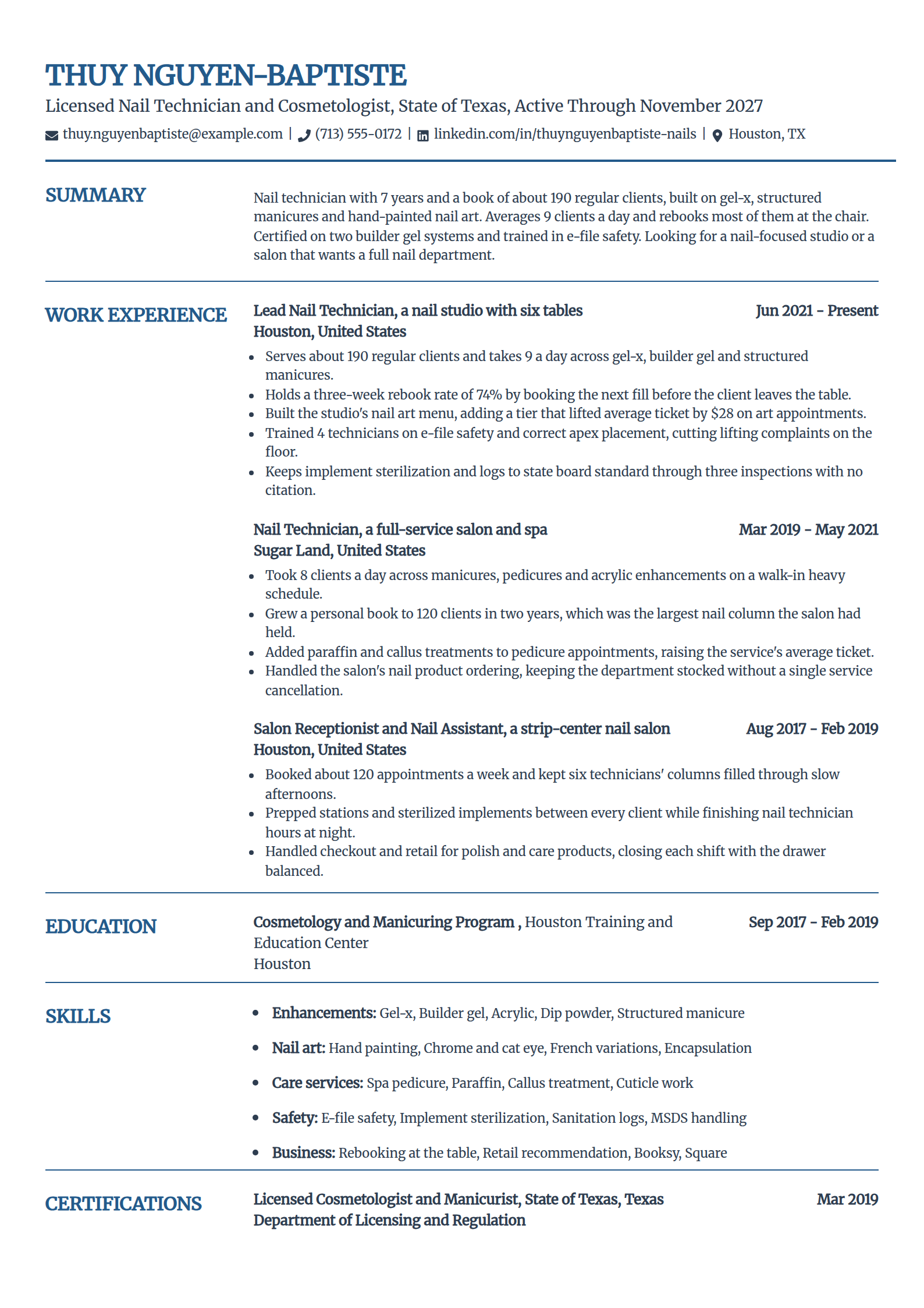 Nail technician resume example in the Craft template