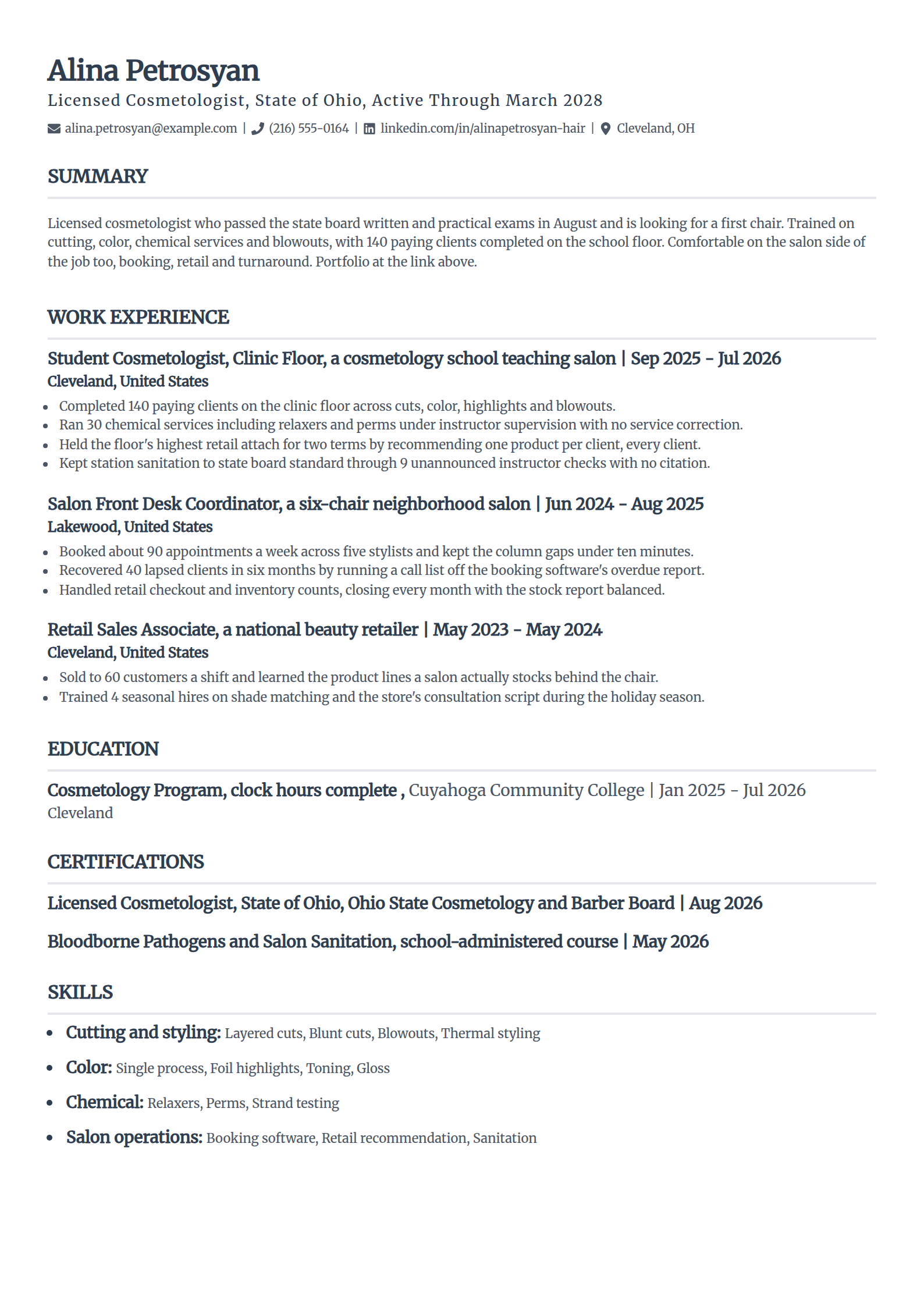 Newly licensed cosmetologist resume example with no salon experience, in the Classic template