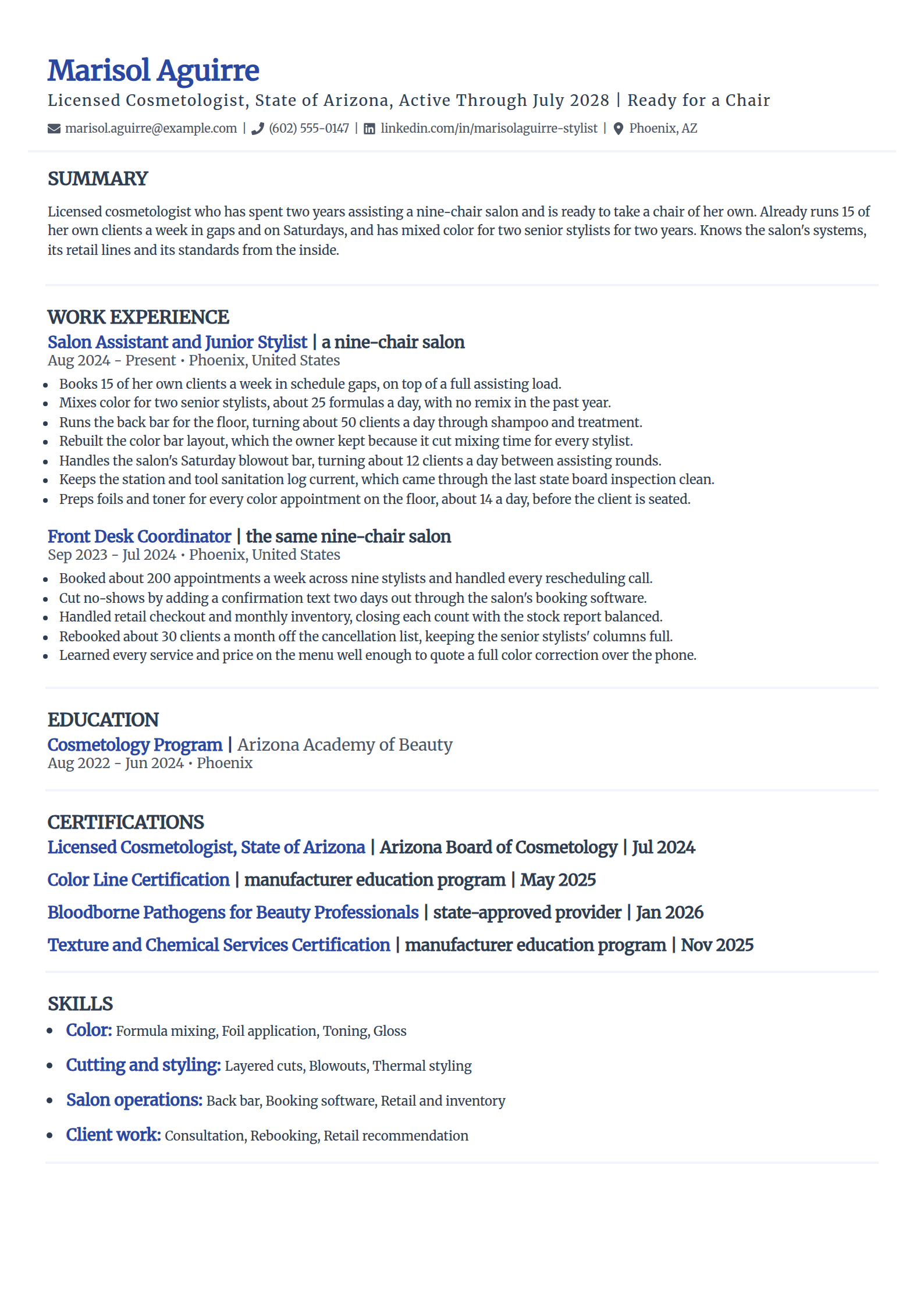 Salon assistant stepping up to stylist resume example in the Elegant template