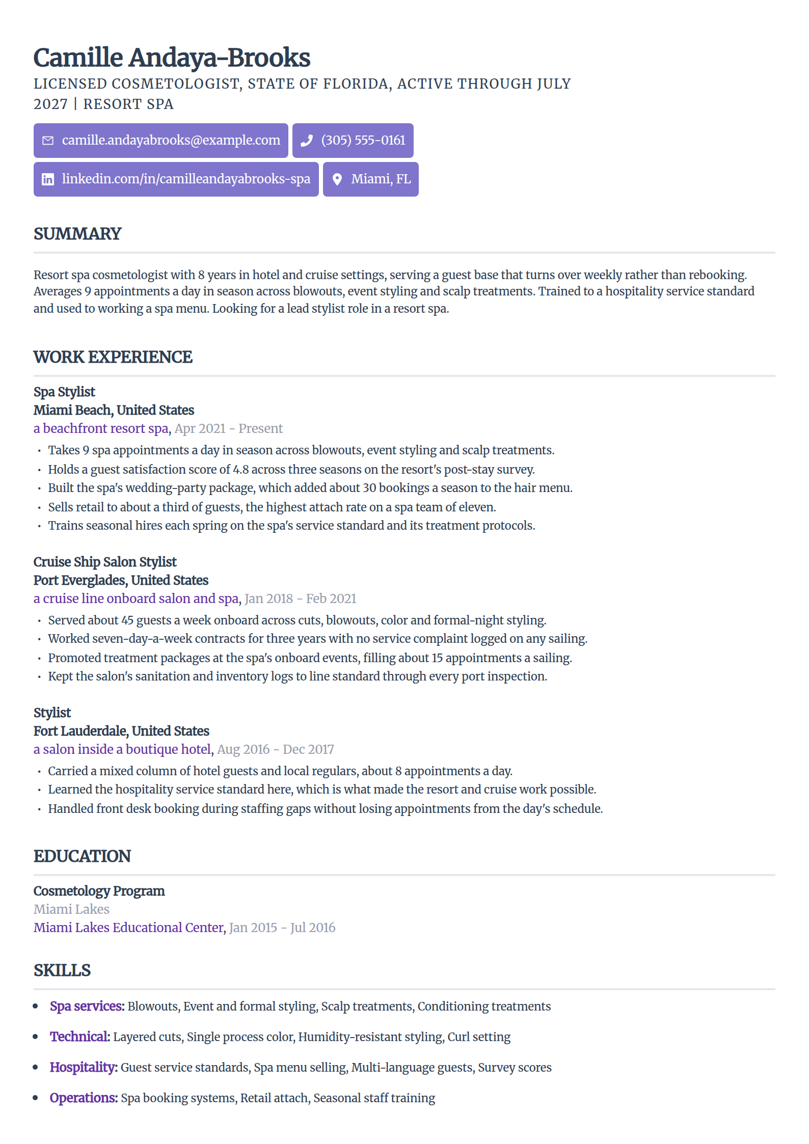 Spa and resort cosmetologist resume example in the Sleek Framework template