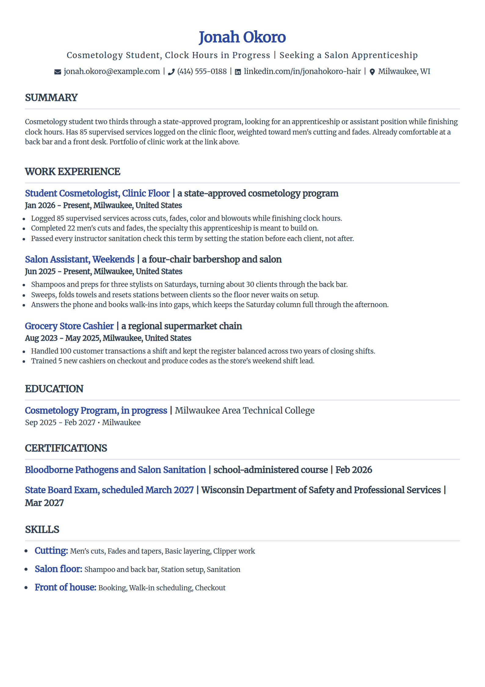 Cosmetology student resume example for an apprenticeship, in the Simple template