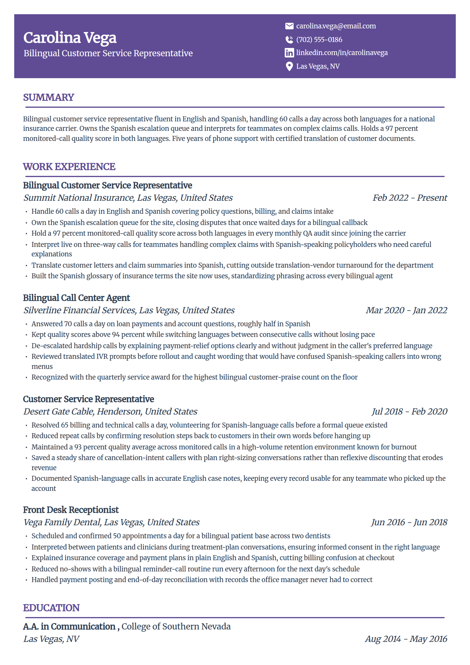 Bilingual customer service resume example in the Panorama template