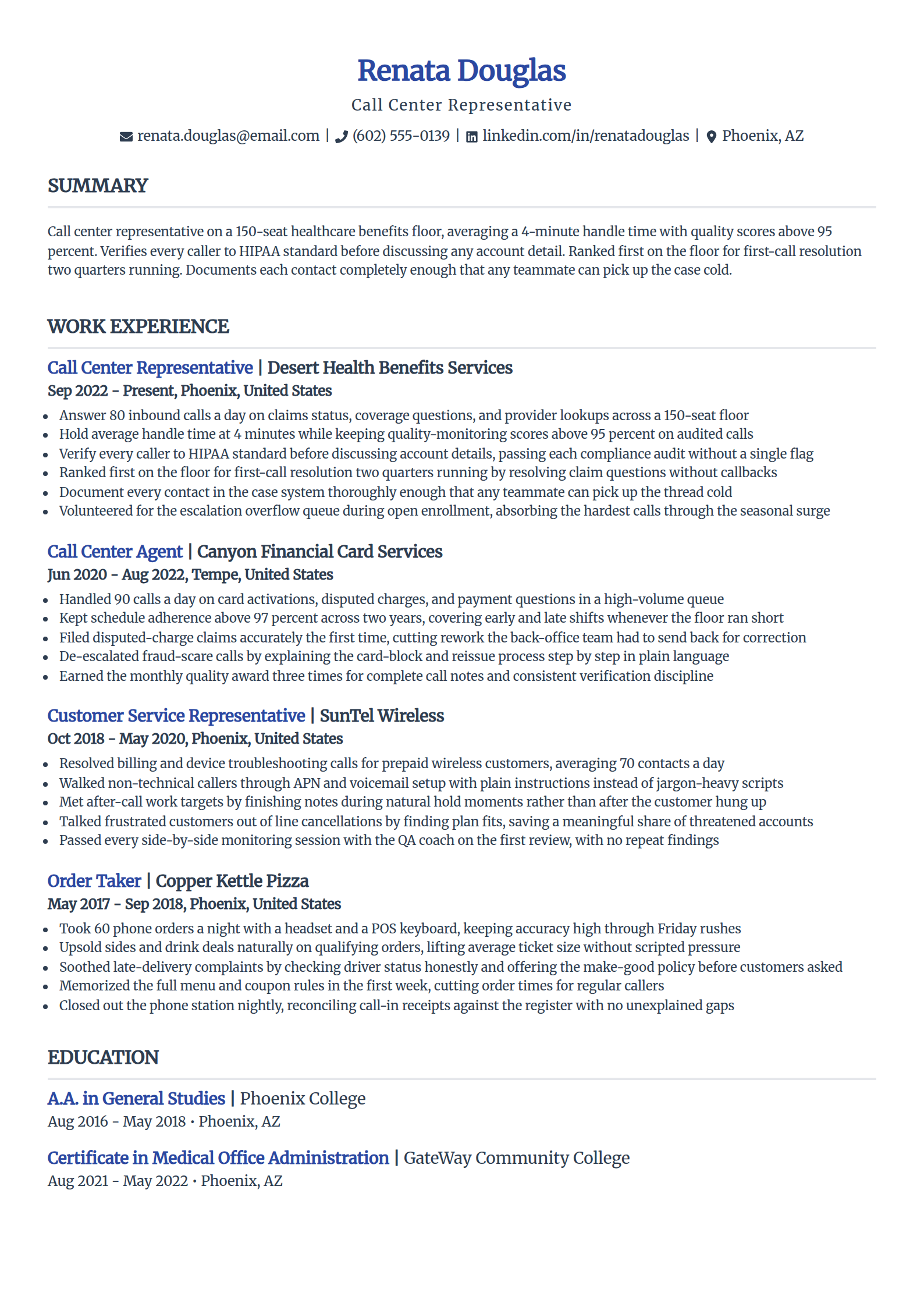 Call center representative resume example in the Simple template