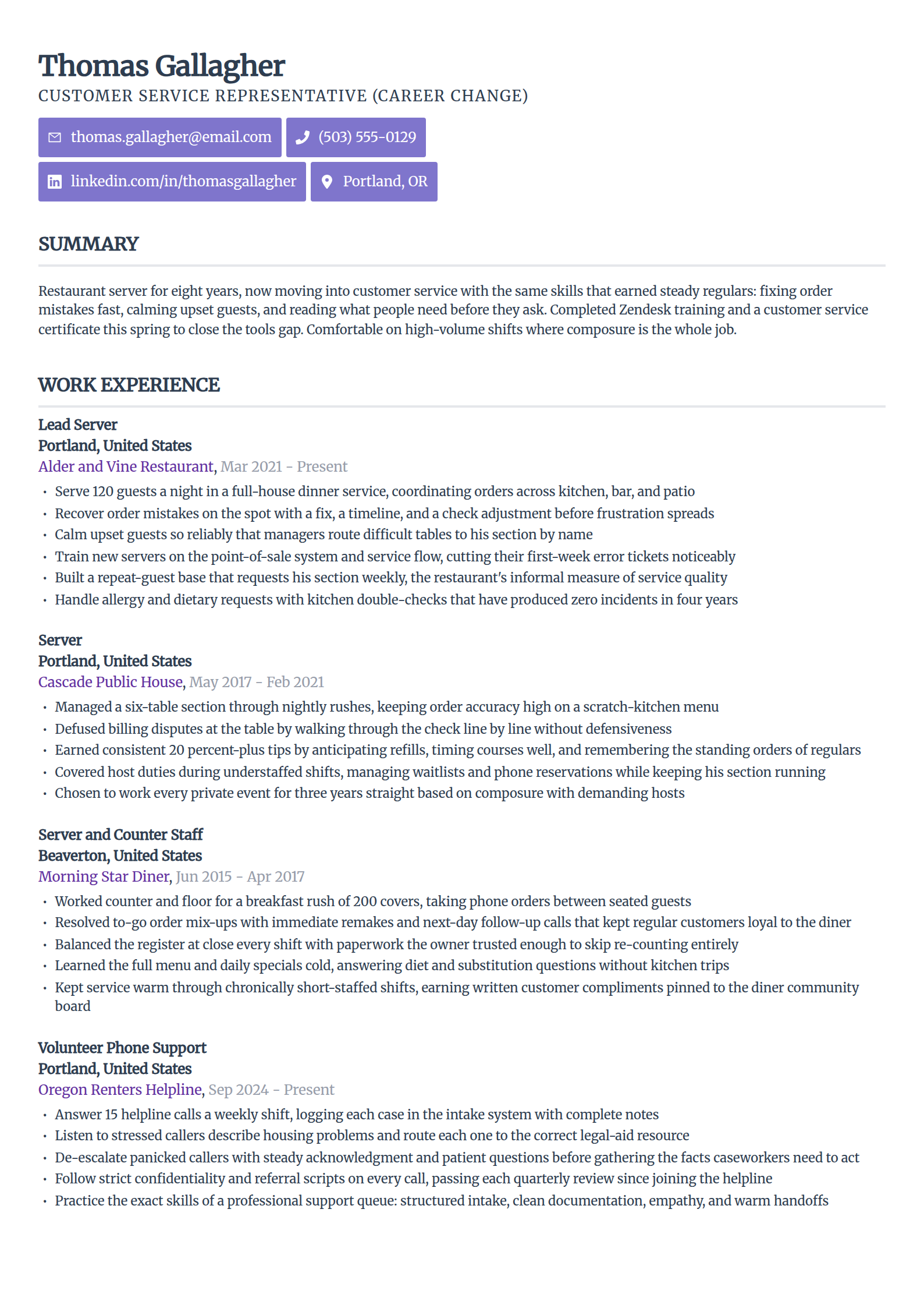 Career-change customer service resume example in the Sleek Framework template