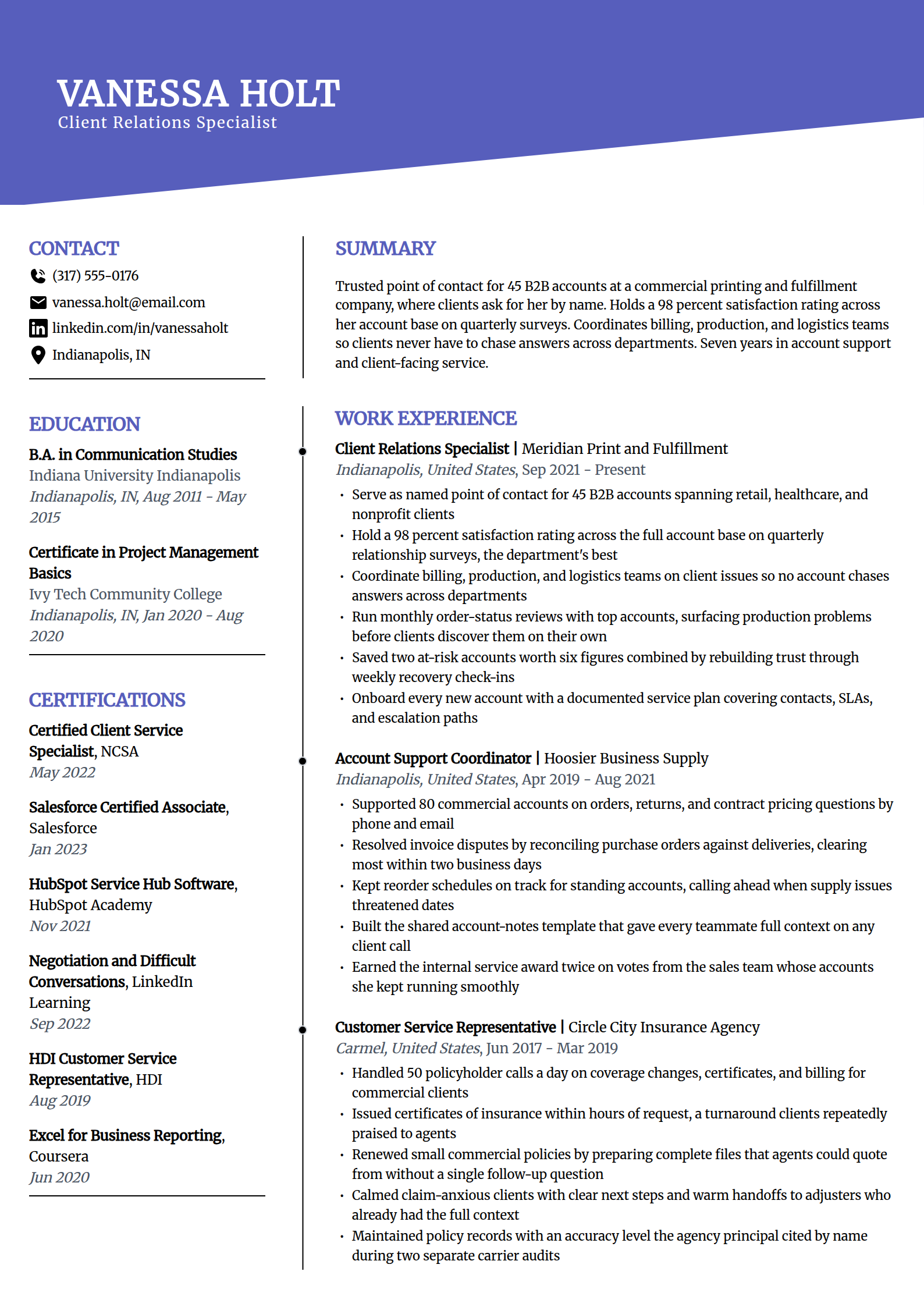 Client relations account support resume example in the Orbit template